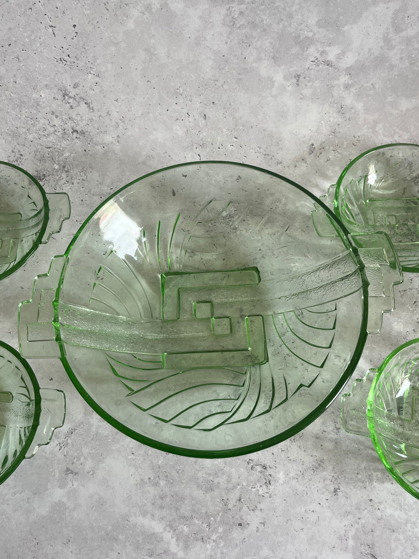 Vintage Art Deco Stolle Niemen Green Art Deco Set Of 7 Bowls 1930's Glass