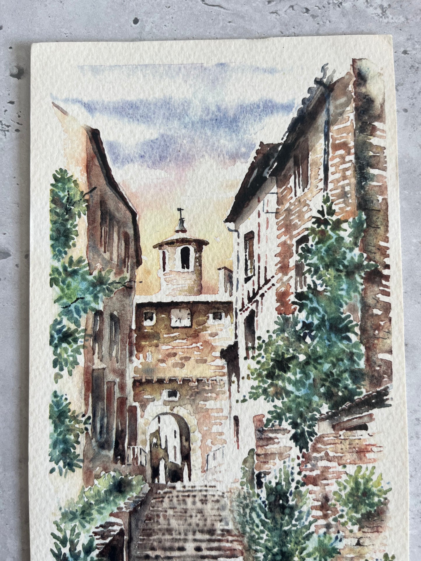Vintage Aquarelle City Scape Art Print Of Clock Tower By Jean-Marc Valat 12x22cm