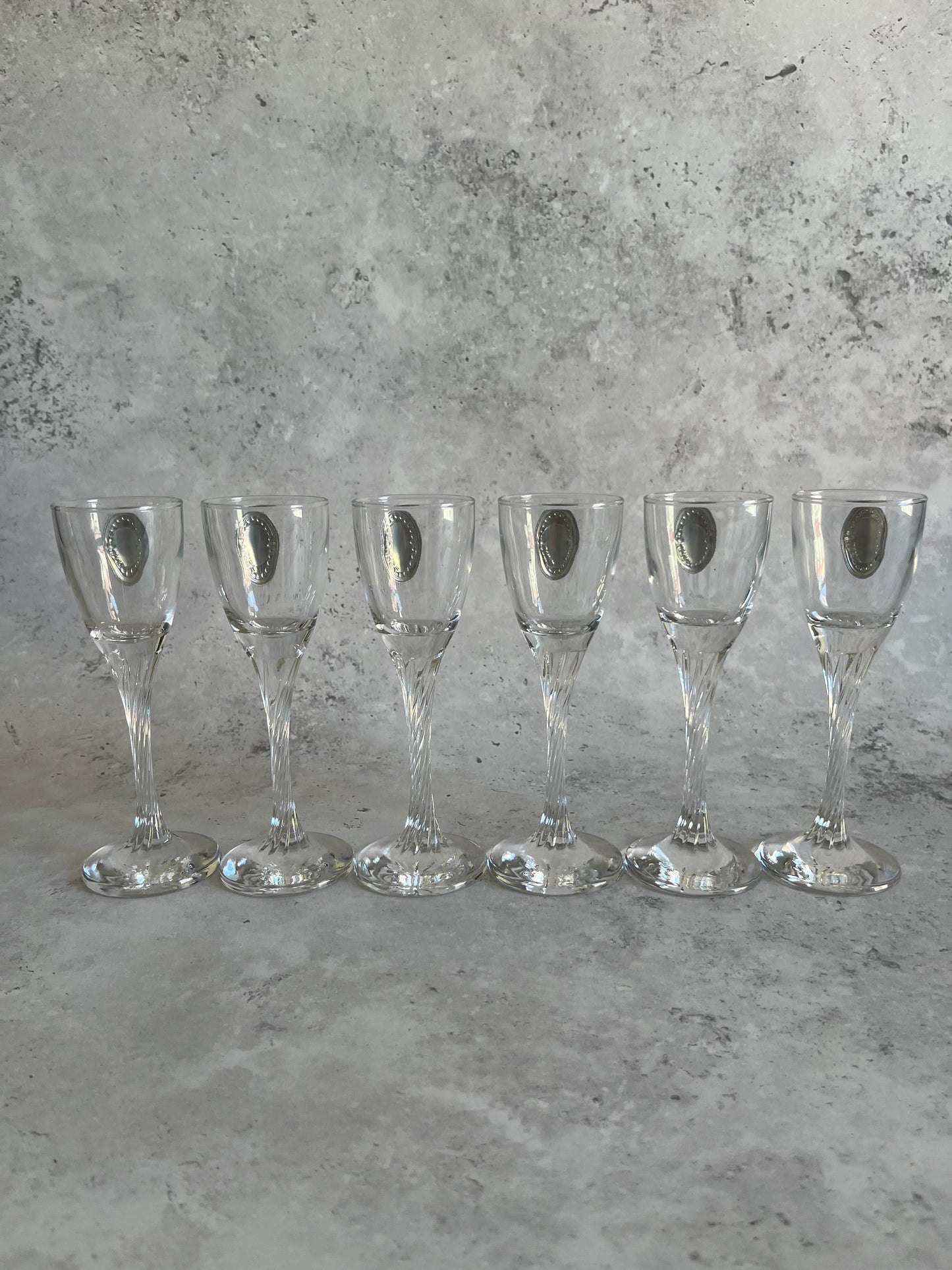 French Twisted Clear Glass Decanter Vintage Set With Six Twisted Stem Glasses Each With Silver Plated Detail