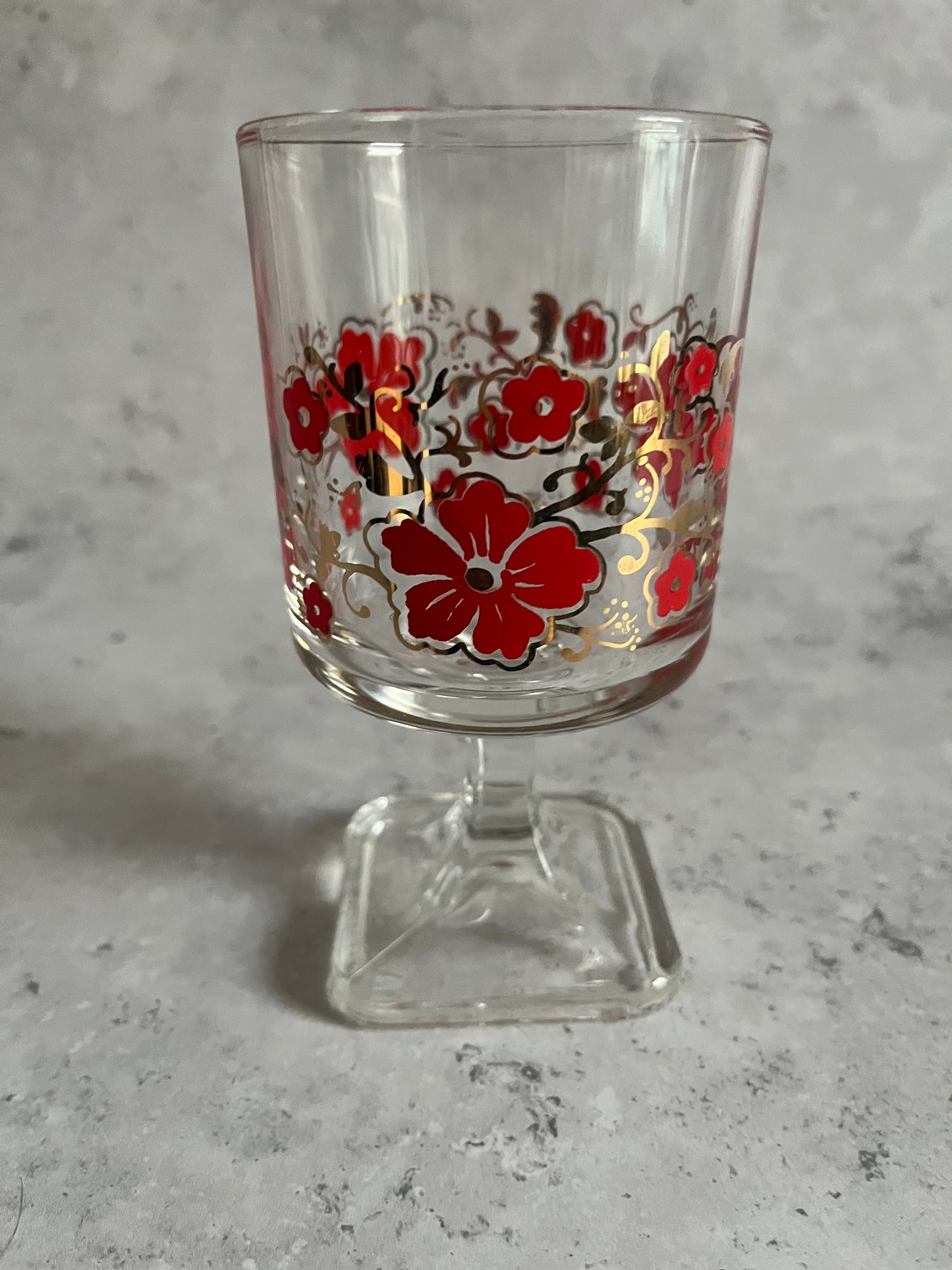 Vintage Set Of Four Italian Wine Glasses With Red & Gold Floral Design Square Base Detail