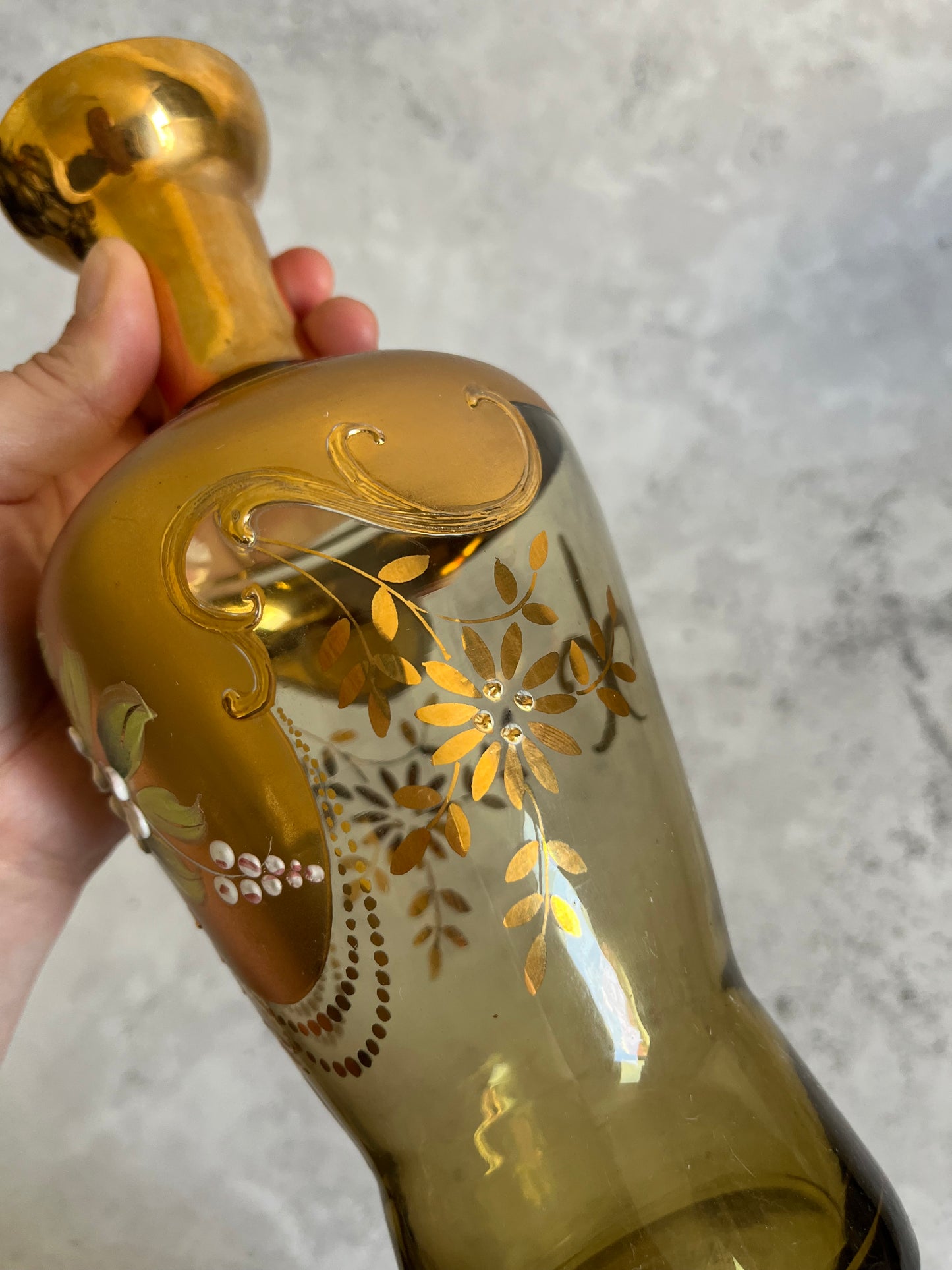 Vintage Bohemian Hand Painted Gold Glass Vase Enamelled Flowers