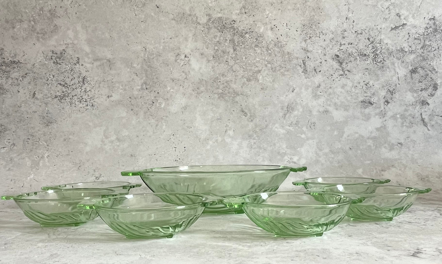Vintage Art Deco Stolle Niemen Green Art Deco Set Of 7 Bowls 1930's Glass