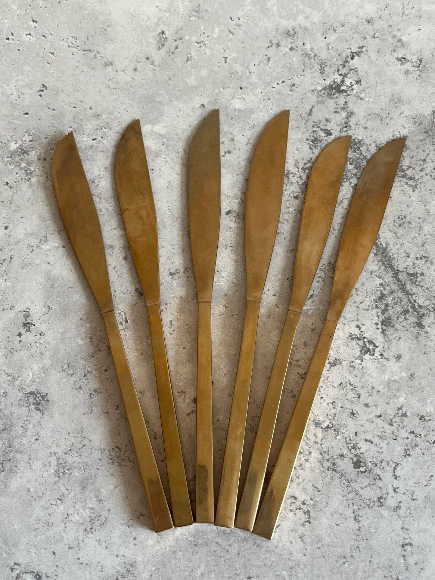 Vintage 1970’s Thai Gold Tone Table Knives Set Of Six Angular Design