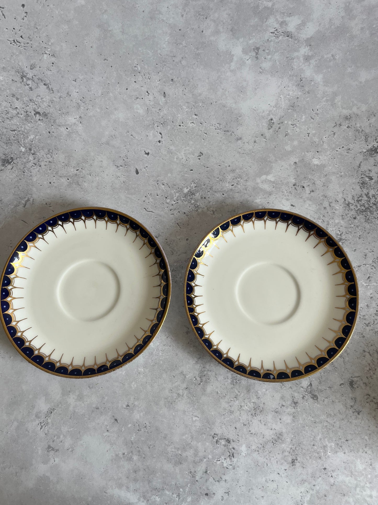 Antique Wedgwood Y1863 Pair Of Tea Cups & Saucers Hand Painted Cobalt Blue Gold Pattern C 1900s