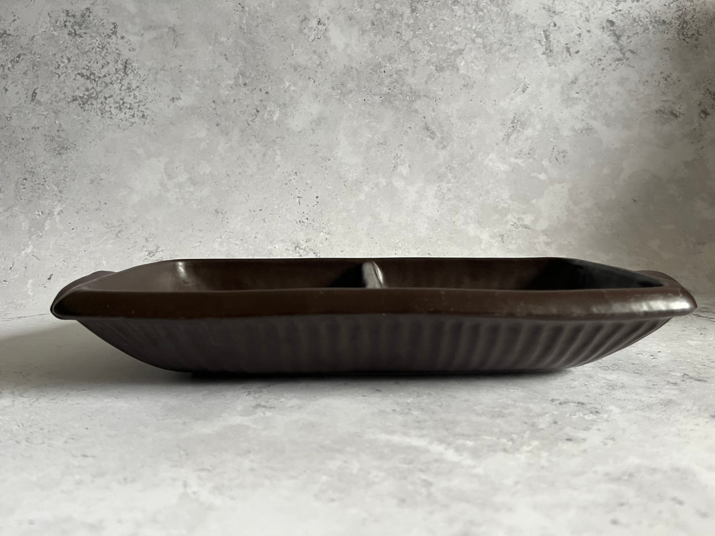 Honiton Pottery Dark Brown Sectioned Serving Dish Double Handled Serving Dish Ridged Detail