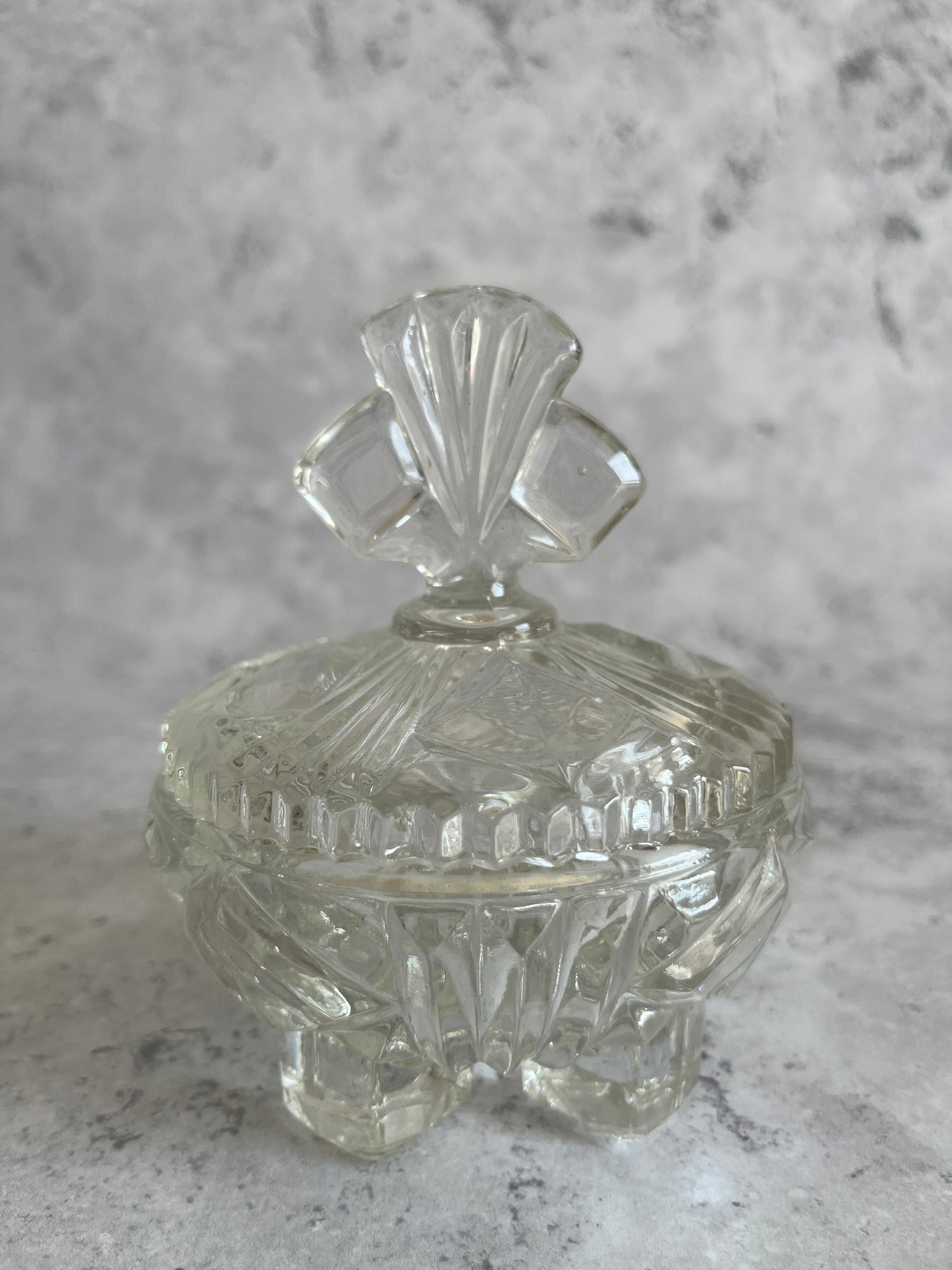 Vintage Set Of 2 Bagley & Co Clear Glass Art Deco Trinket Dishes Lidded & Footed