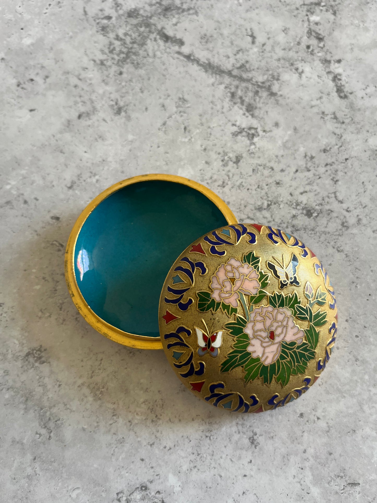Floral Patterned Cloisonné Enamel Gold Tone Lidded Trinket Dish Vintage Asian Jewellery Dish