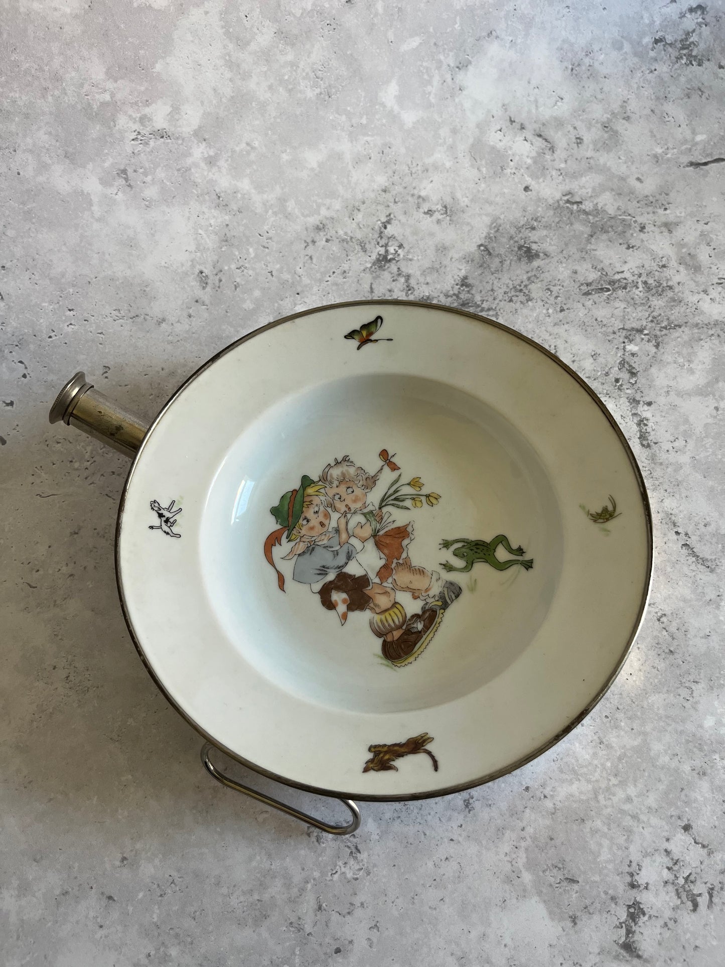 Vintage German Children’s Warming Bowl Retro Design With Metal Surround
