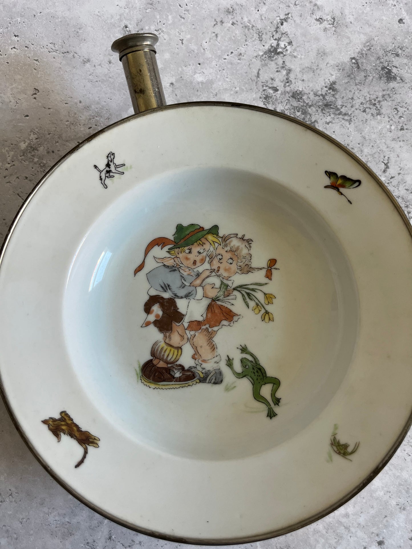Vintage German Children’s Warming Bowl Retro Design With Metal Surround