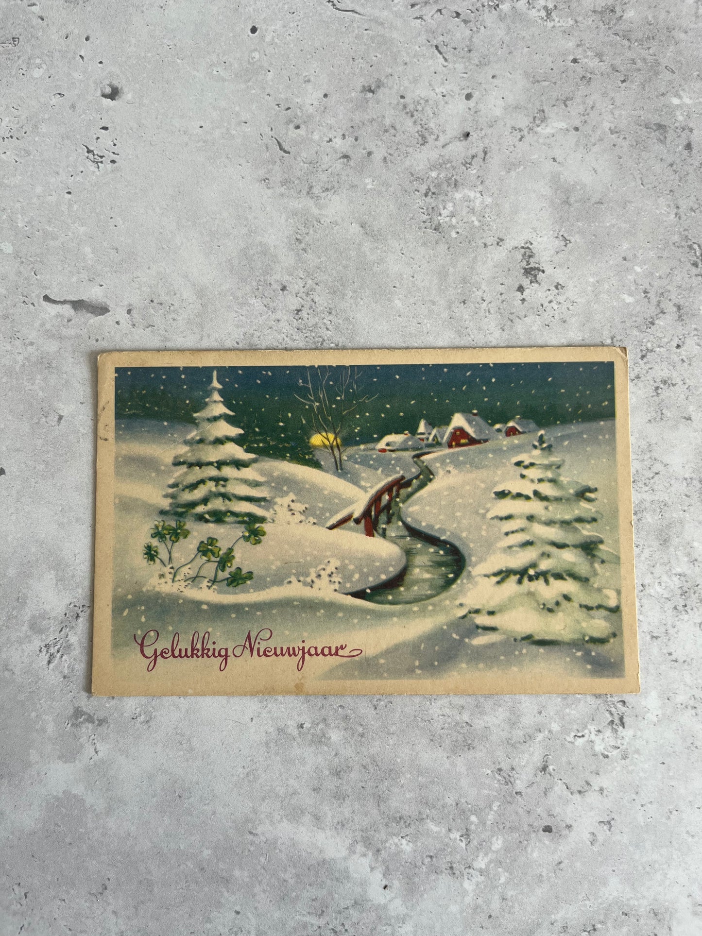 Gelukkig Nieuwjaar Happy New Year Vintage Postcard Dutch Snowy Scene Picture