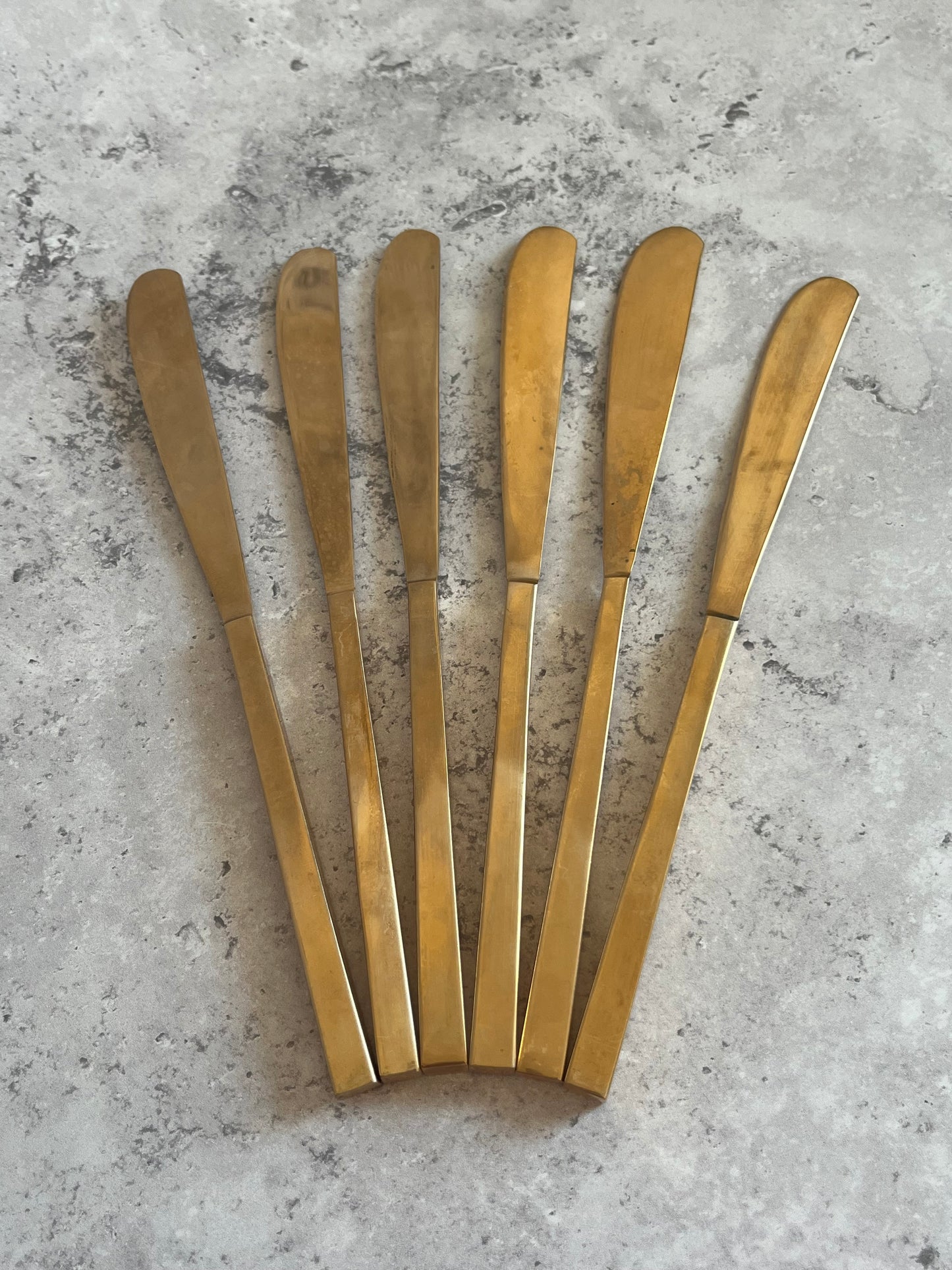 Vintage 1970’s Thai Gold Tone Butter Knives Set Of Six Angular Design