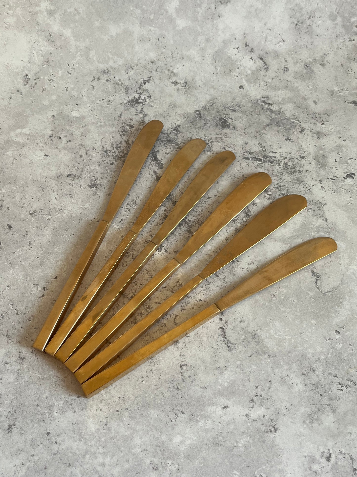 Vintage 1970’s Thai Gold Tone Butter Knives Set Of Six Angular Design