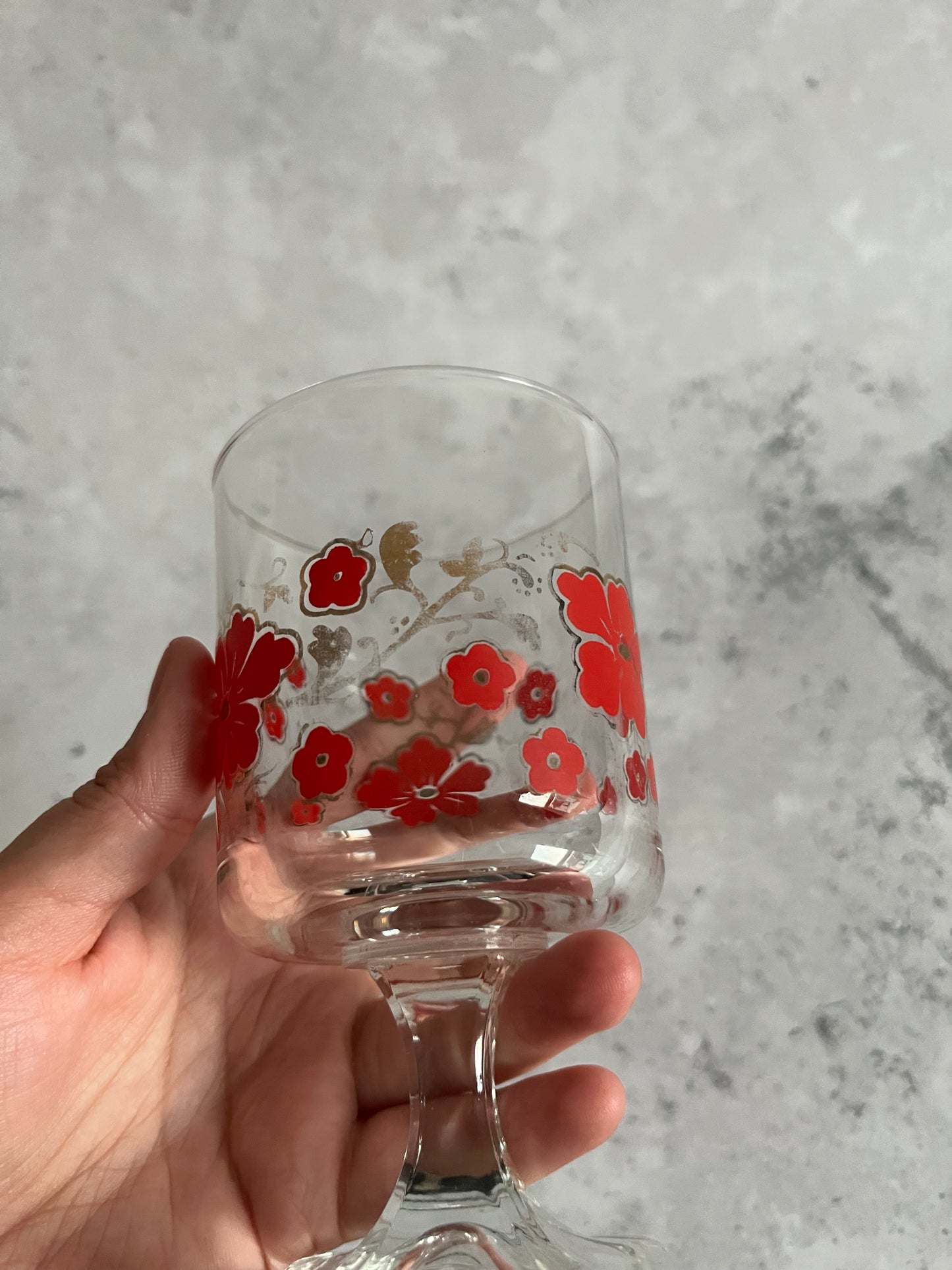 Vintage Set Of Four Italian Wine Glasses With Red & Gold Floral Design Square Base Detail