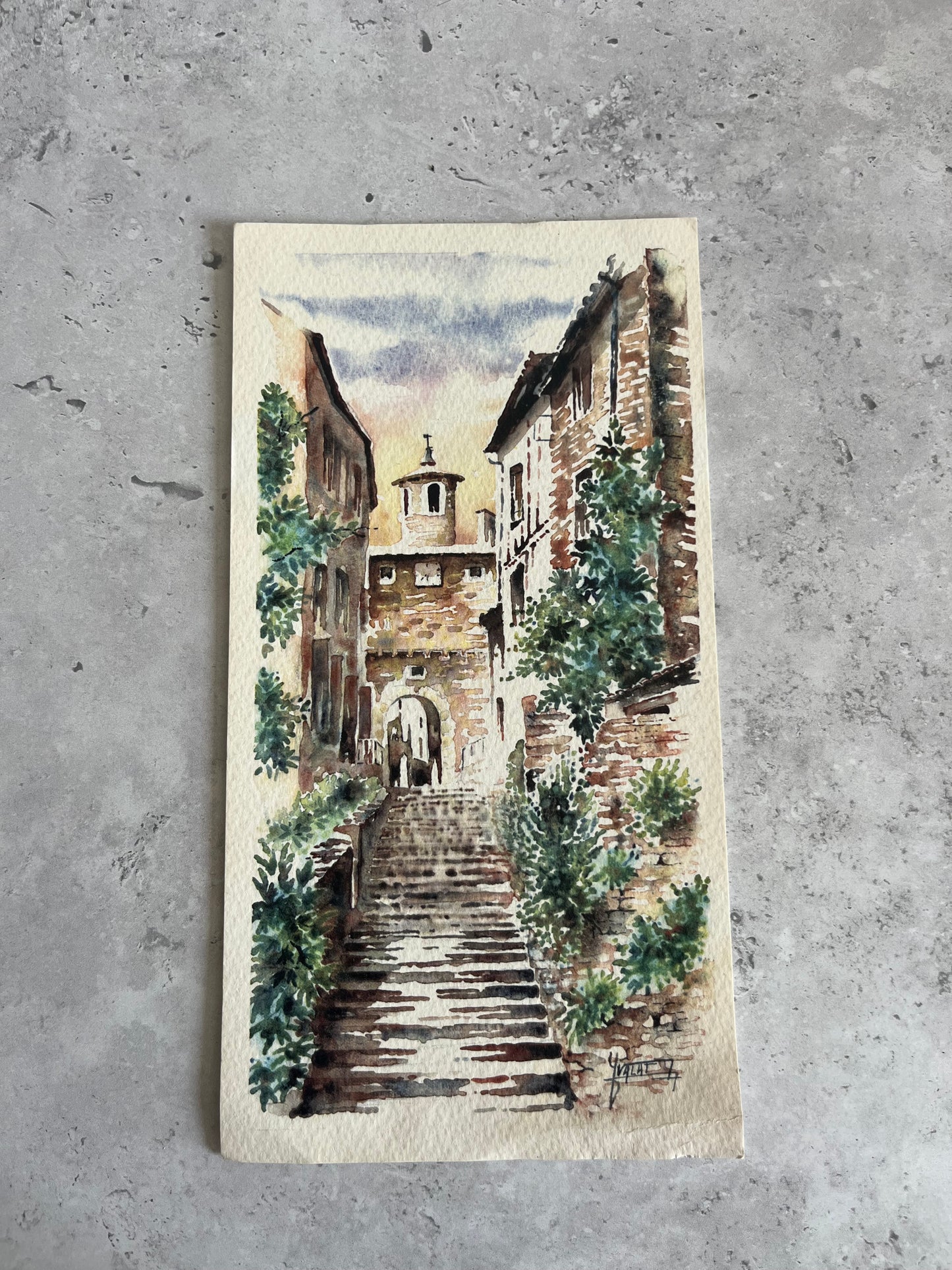 Vintage Aquarelle City Scape Art Print Of Clock Tower By Jean-Marc Valat 12x22cm