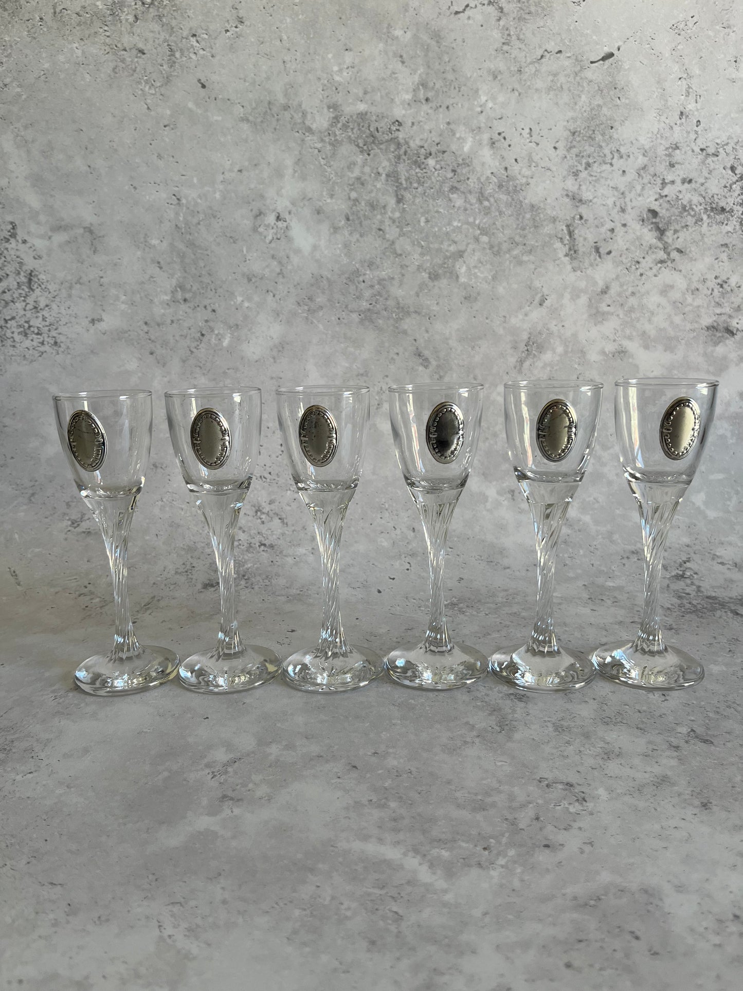 French Twisted Clear Glass Decanter Vintage Set With Six Twisted Stem Glasses Each With Silver Plated Detail