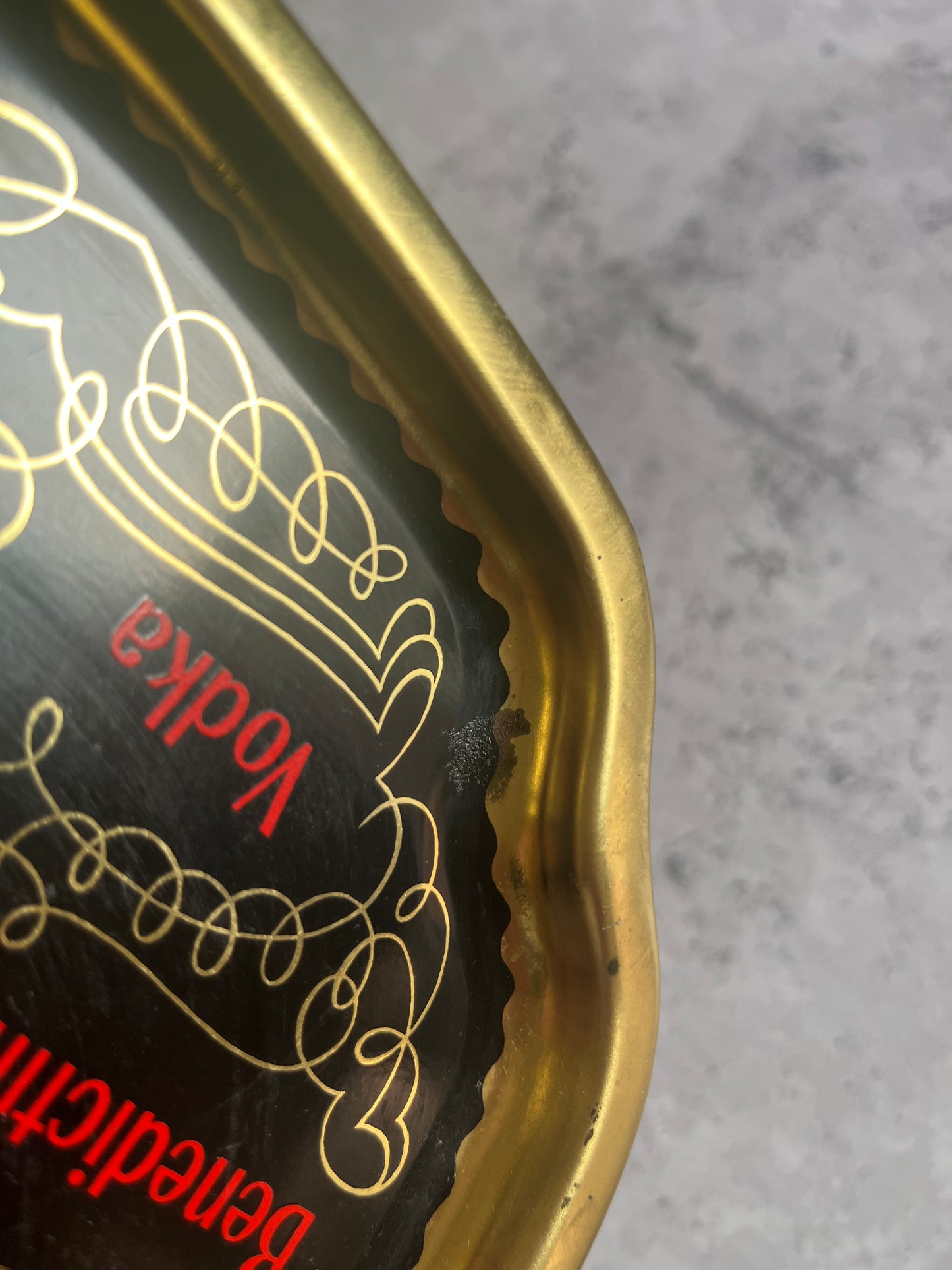 Vintage Spirit Shot Metal Serving Tray Black Gold Detail Retro Brewiana