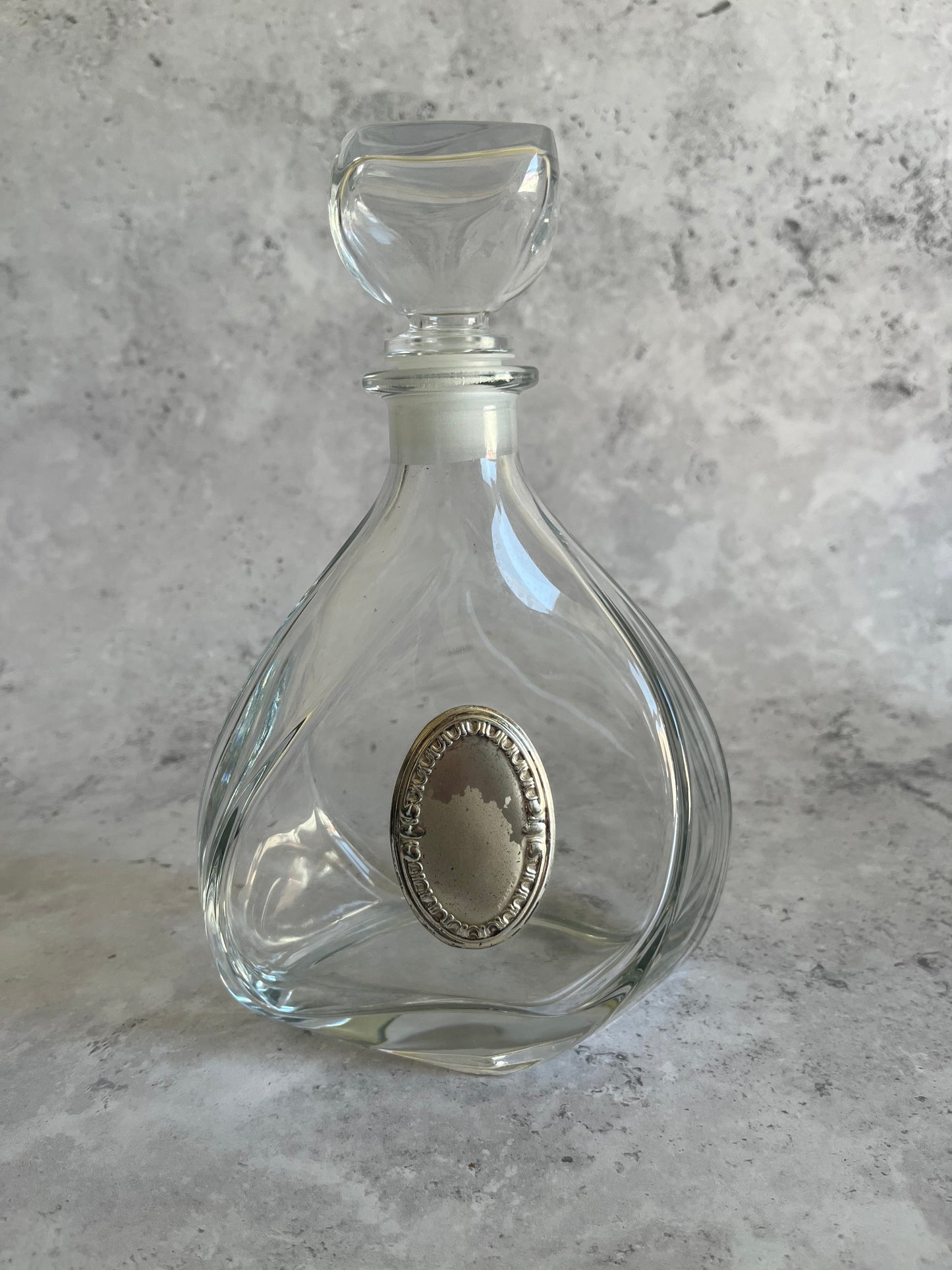 French Twisted Clear Glass Decanter Vintage Set With Six Twisted Stem Glasses Each With Silver Plated Detail