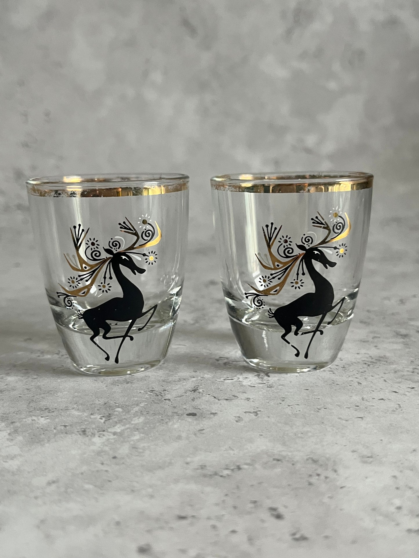 Vintage Set Of Two Clear Shot Glasses Kitsch Christmas Reindeer Design Glasses Retro Barware