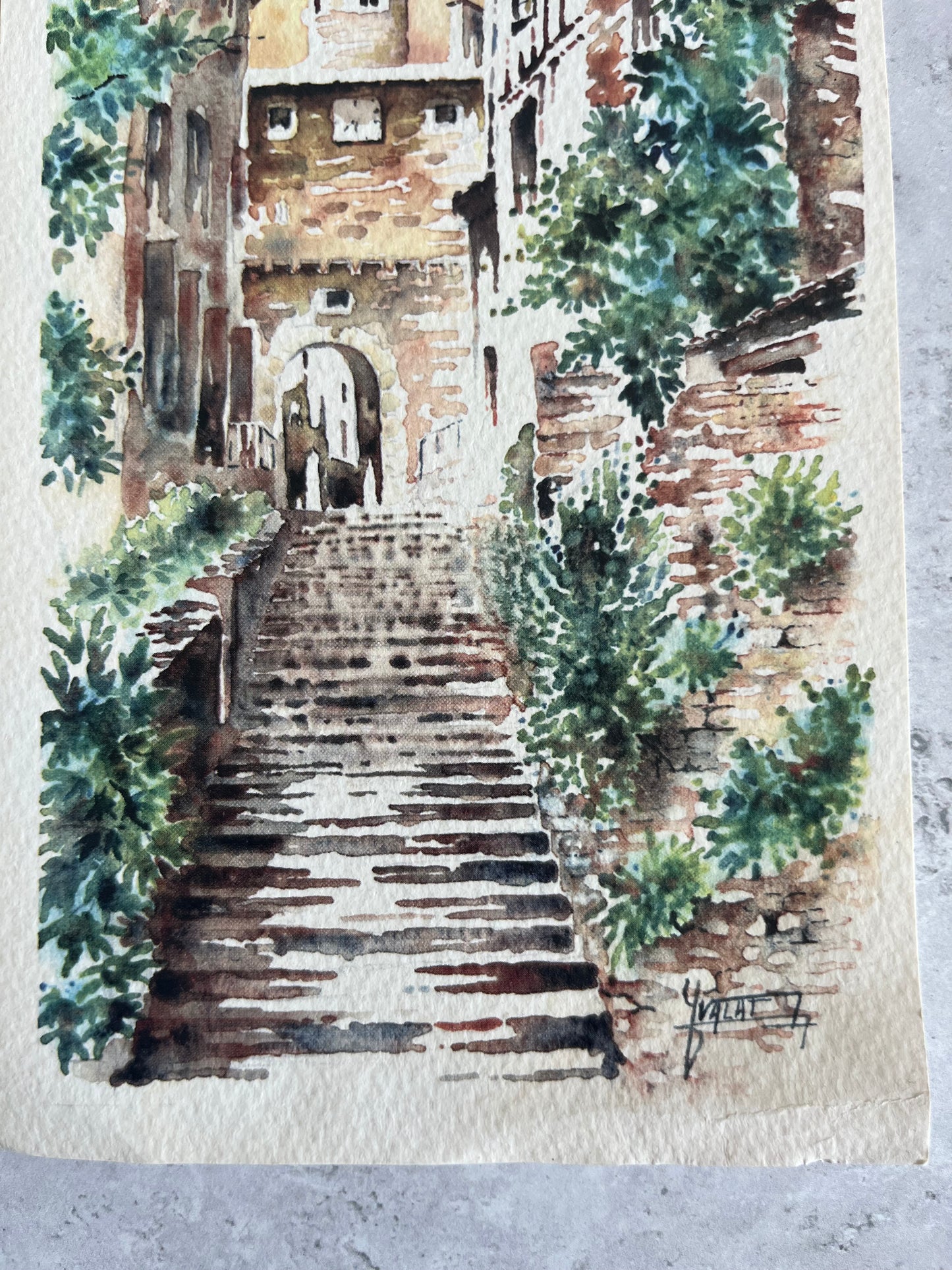 Vintage Aquarelle City Scape Art Print Of Clock Tower By Jean-Marc Valat 12x22cm