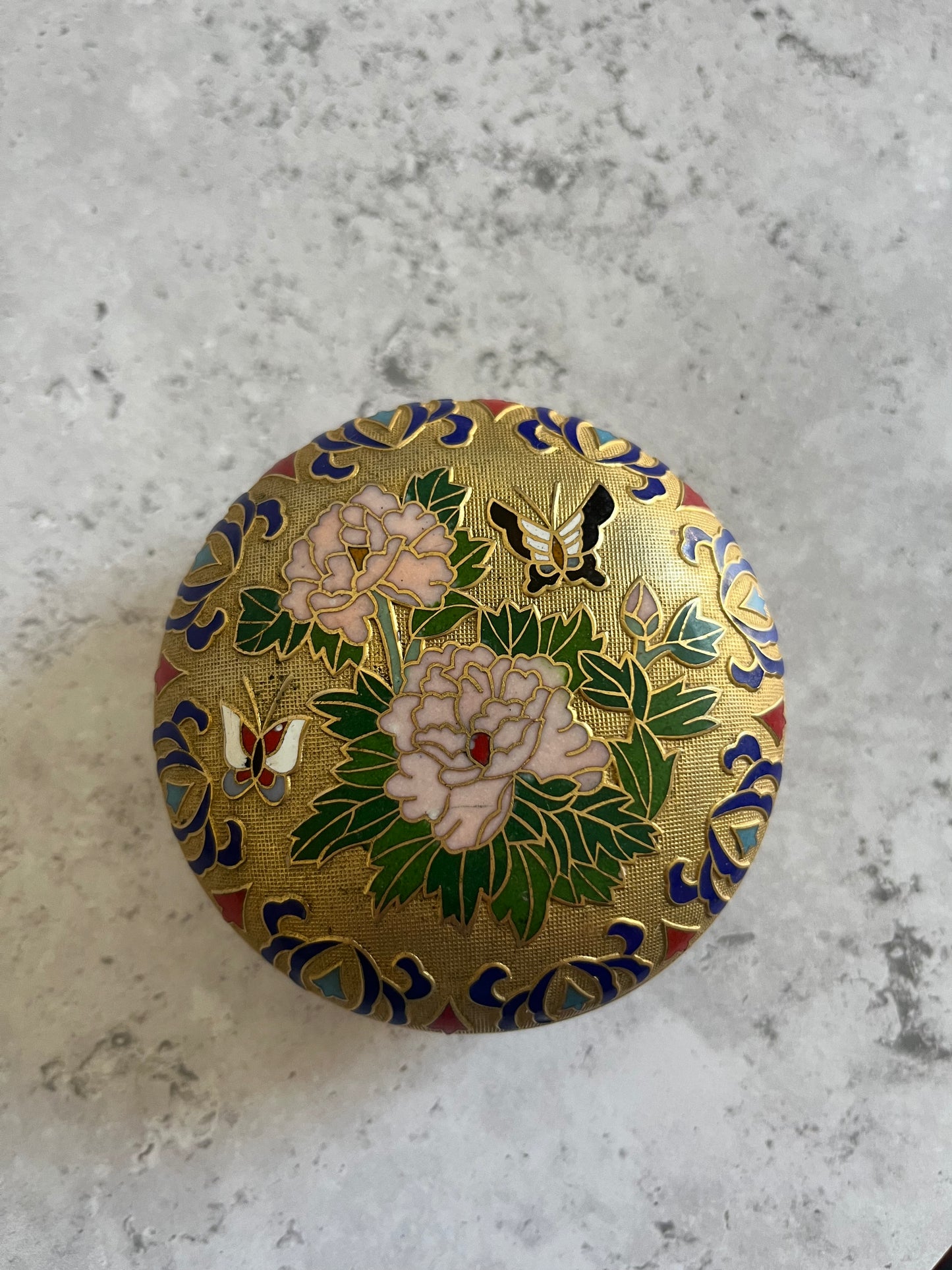 Floral Patterned Cloisonné Enamel Gold Tone Lidded Trinket Dish Vintage Asian Jewellery Dish