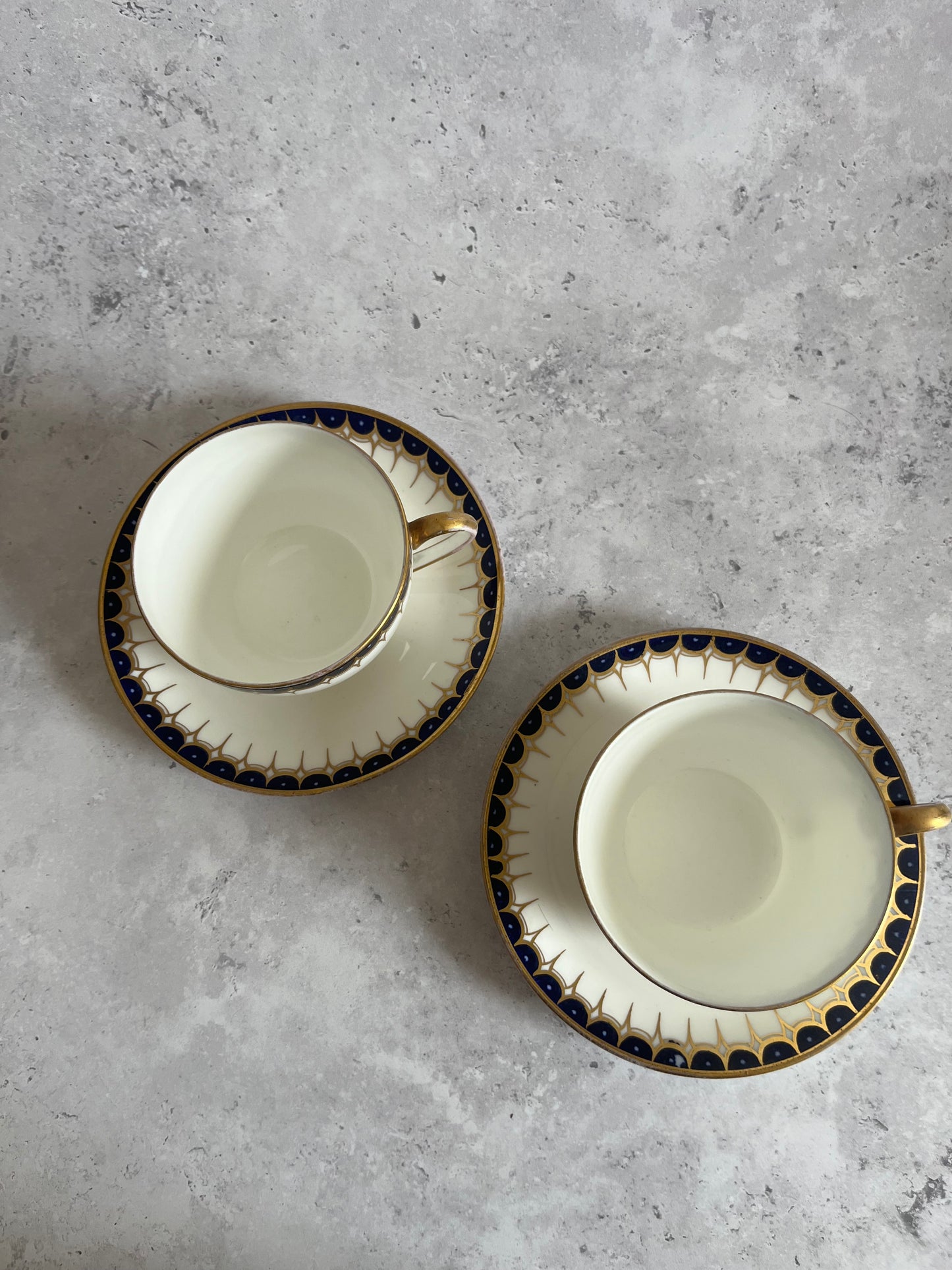 Antique Wedgwood Y1863 Pair Of Tea Cups & Saucers Hand Painted Cobalt Blue Gold Pattern C 1900s