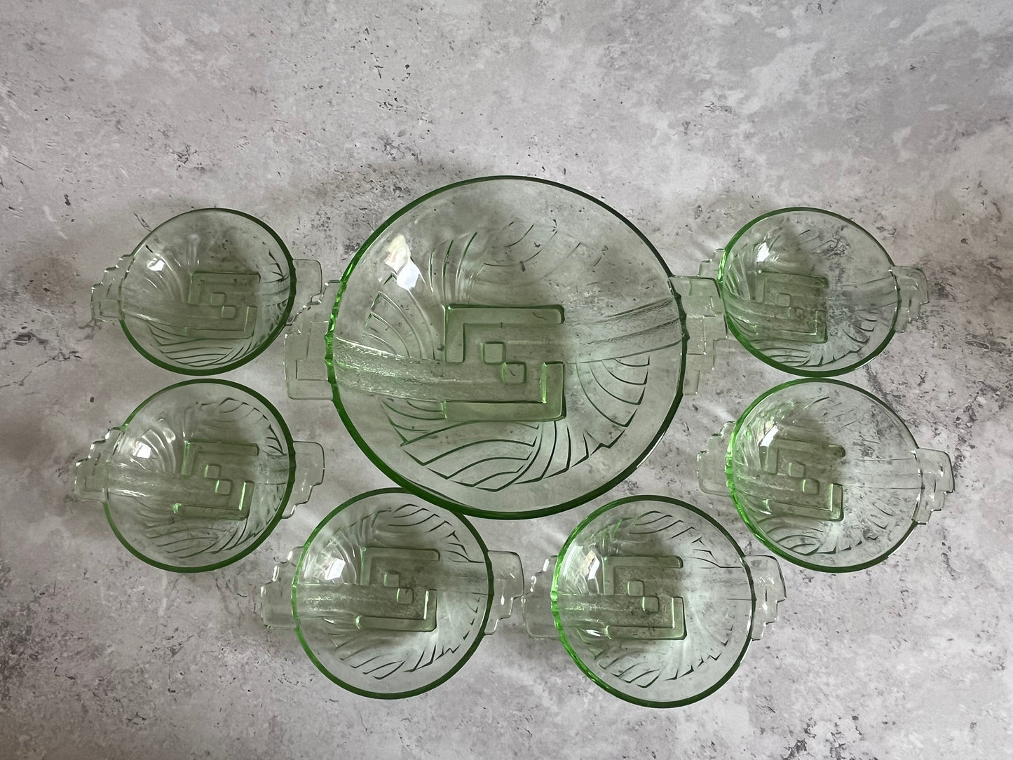 Vintage Art Deco Stolle Niemen Green Art Deco Set Of 7 Bowls 1930's Glass