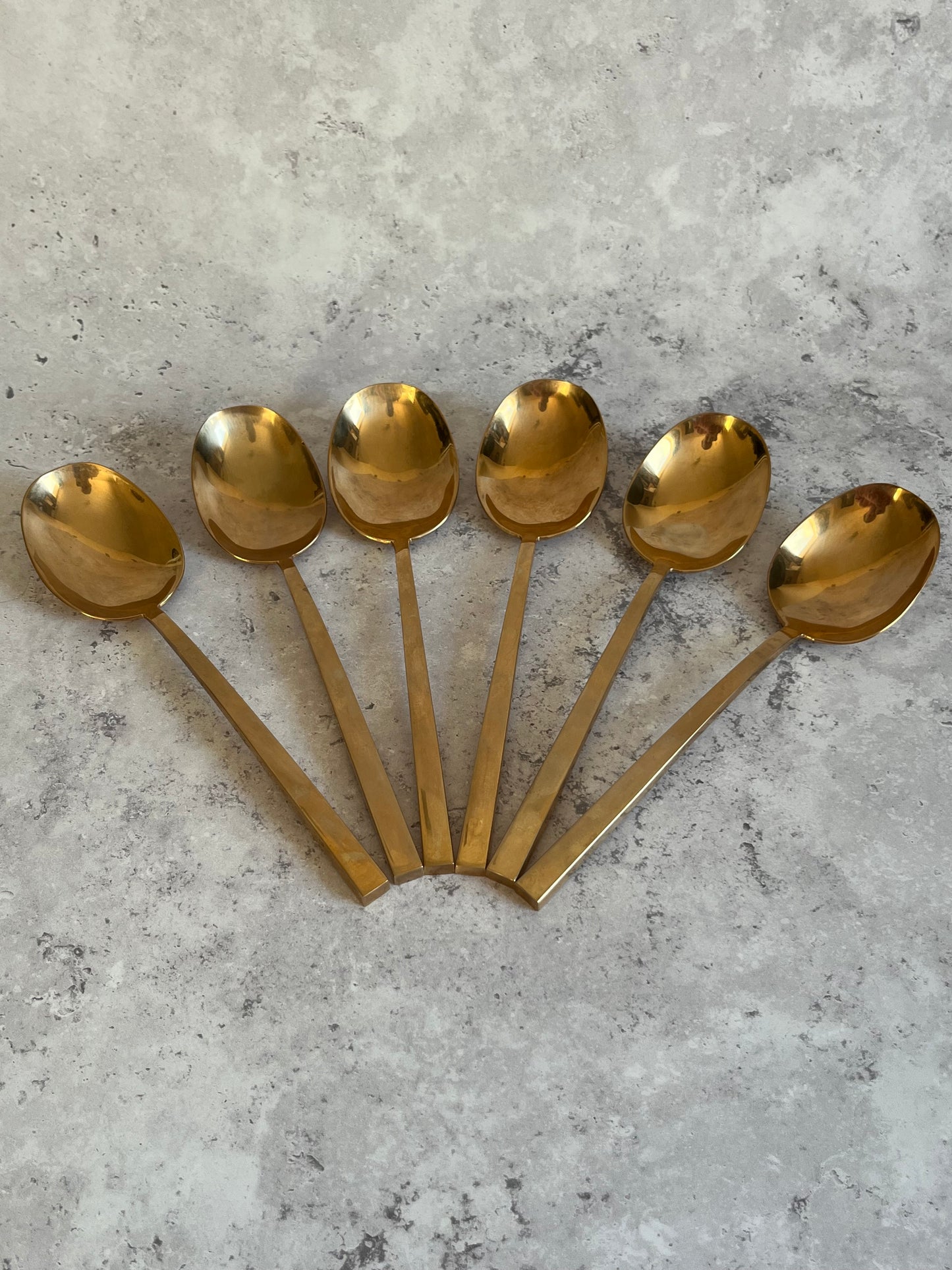 Vintage 1970’s Thai Gold Tone Table Spoons Set Of Six Angular Design