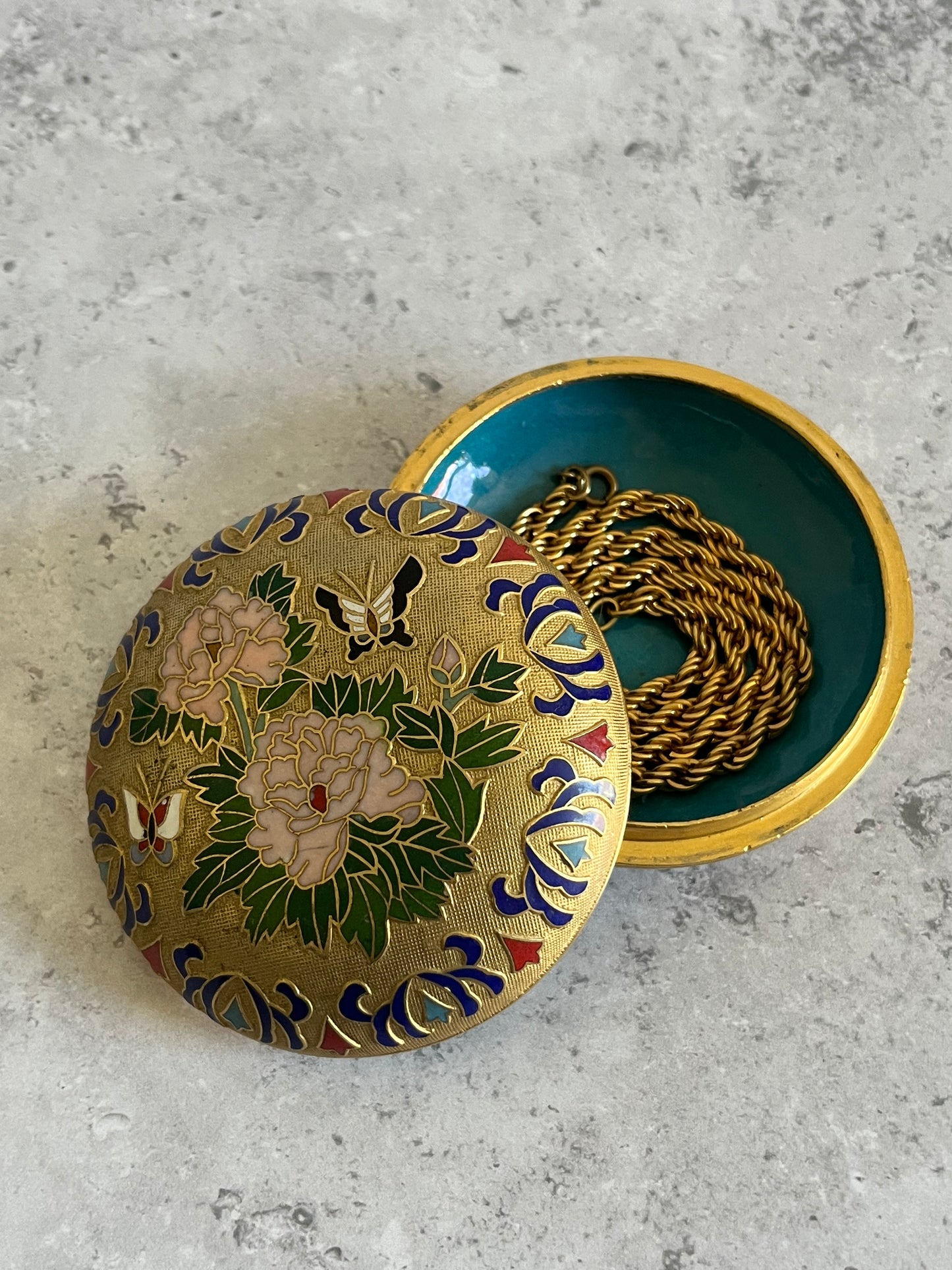 Floral Patterned Cloisonné Enamel Gold Tone Lidded Trinket Dish Vintage Asian Jewellery Dish