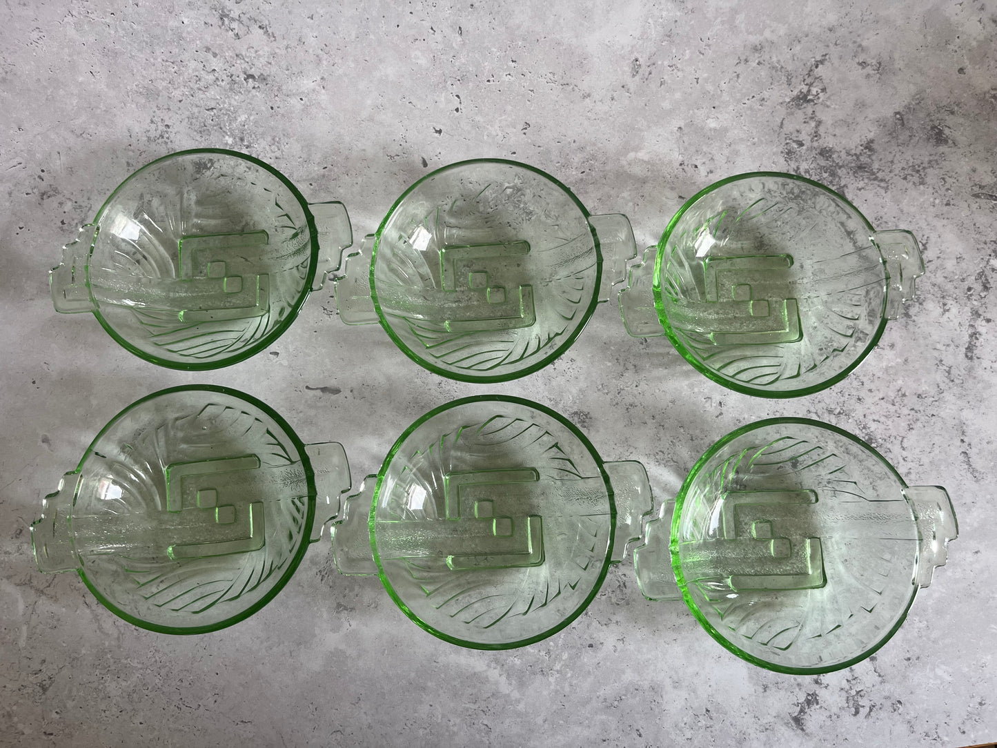 Vintage Art Deco Stolle Niemen Green Art Deco Set Of 7 Bowls 1930's Glass