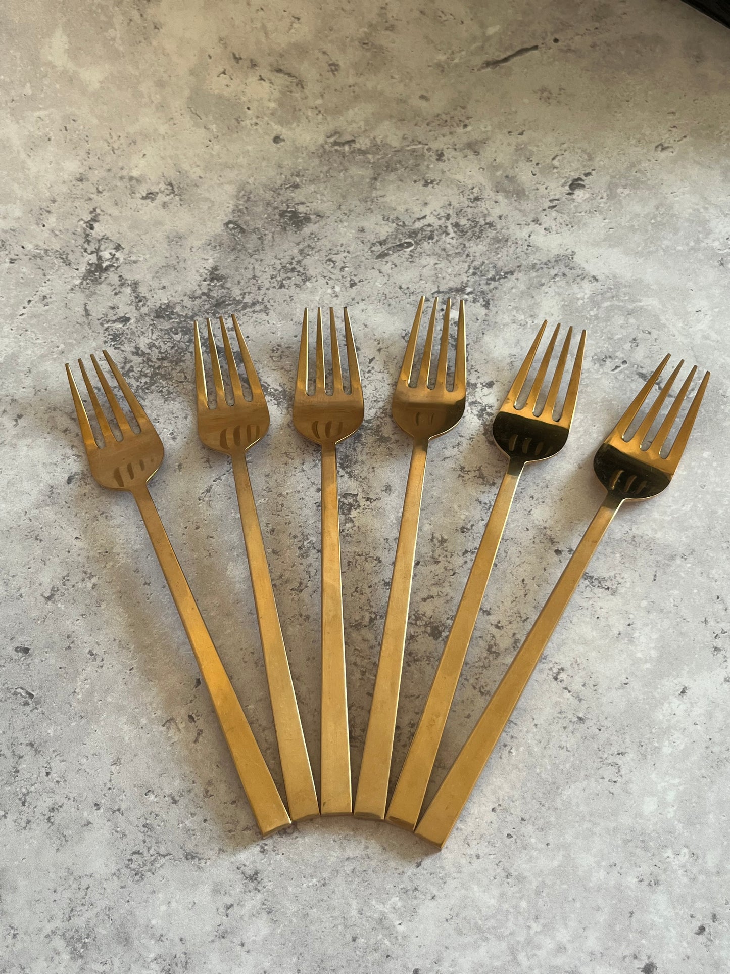 Vintage 1970’s Thai Gold Tone Dinner Forks Set Of Six Angular Design