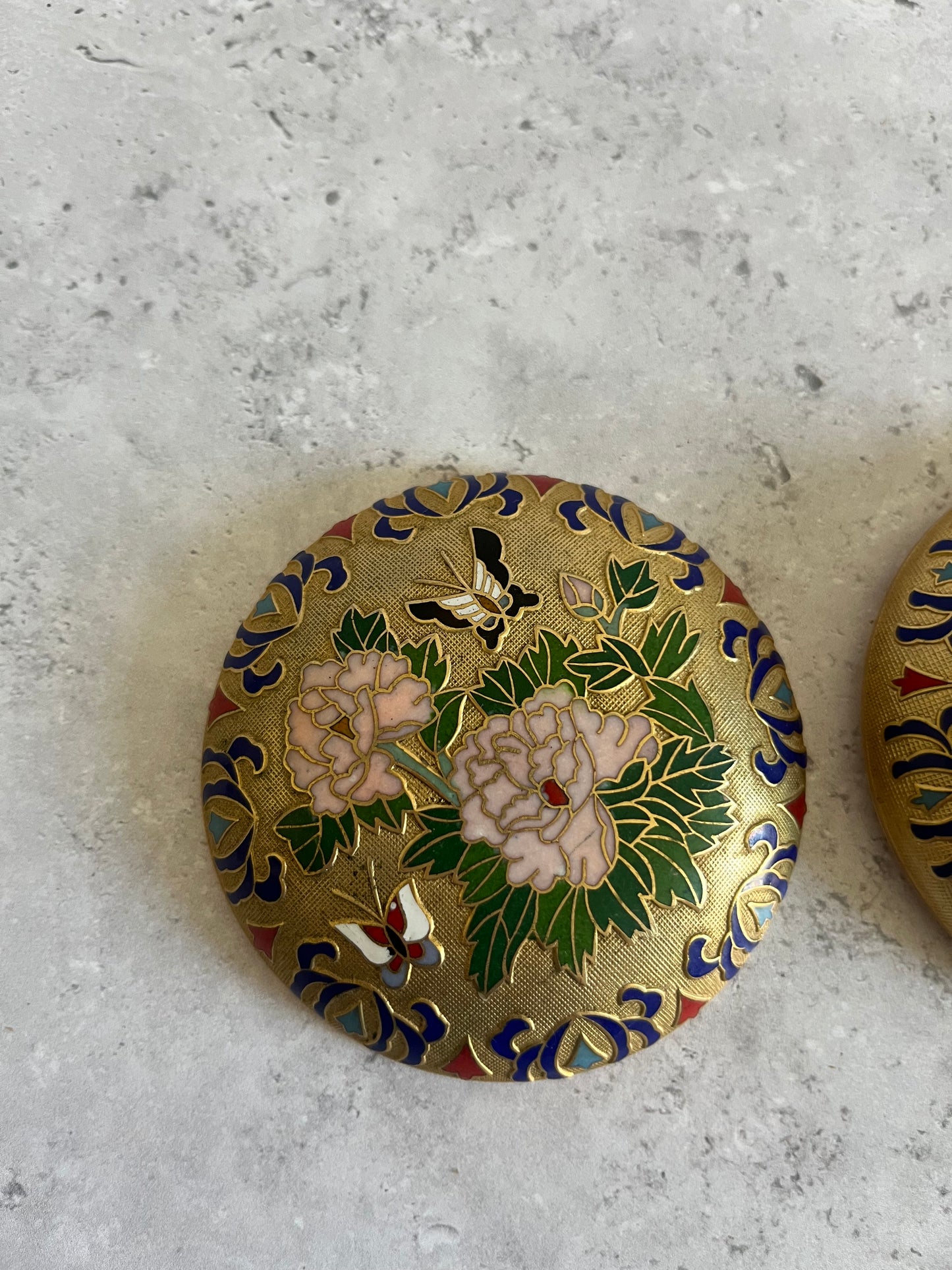Floral Patterned Cloisonné Enamel Gold Tone Lidded Trinket Dish Vintage Asian Jewellery Dish