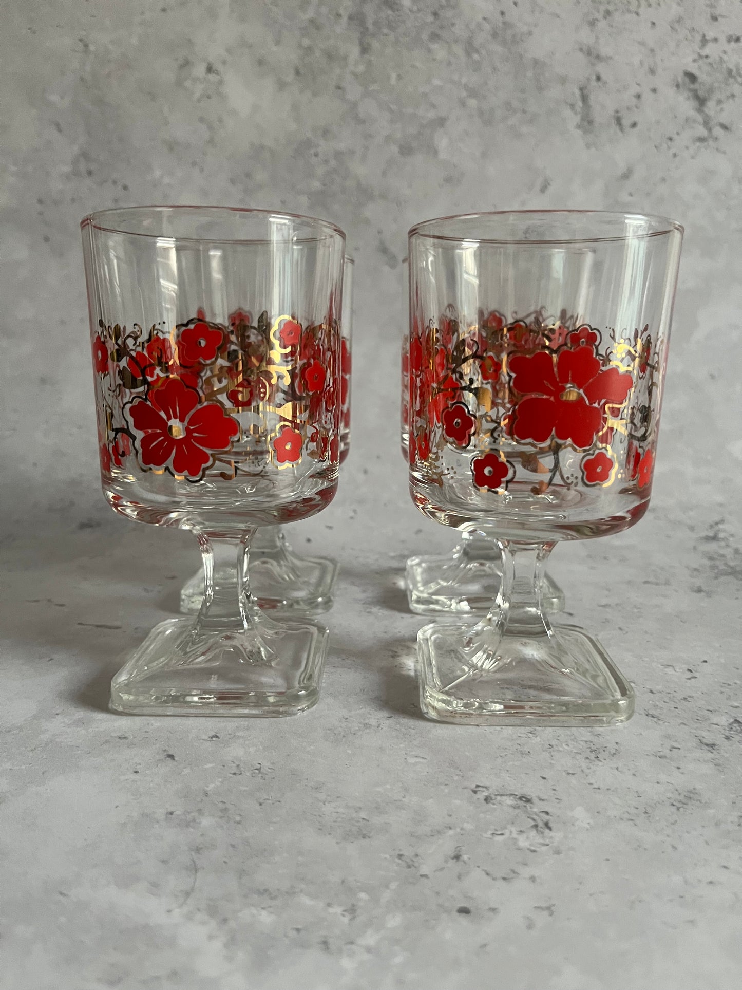 Vintage Set Of Four Italian Wine Glasses With Red & Gold Floral Design Square Base Detail