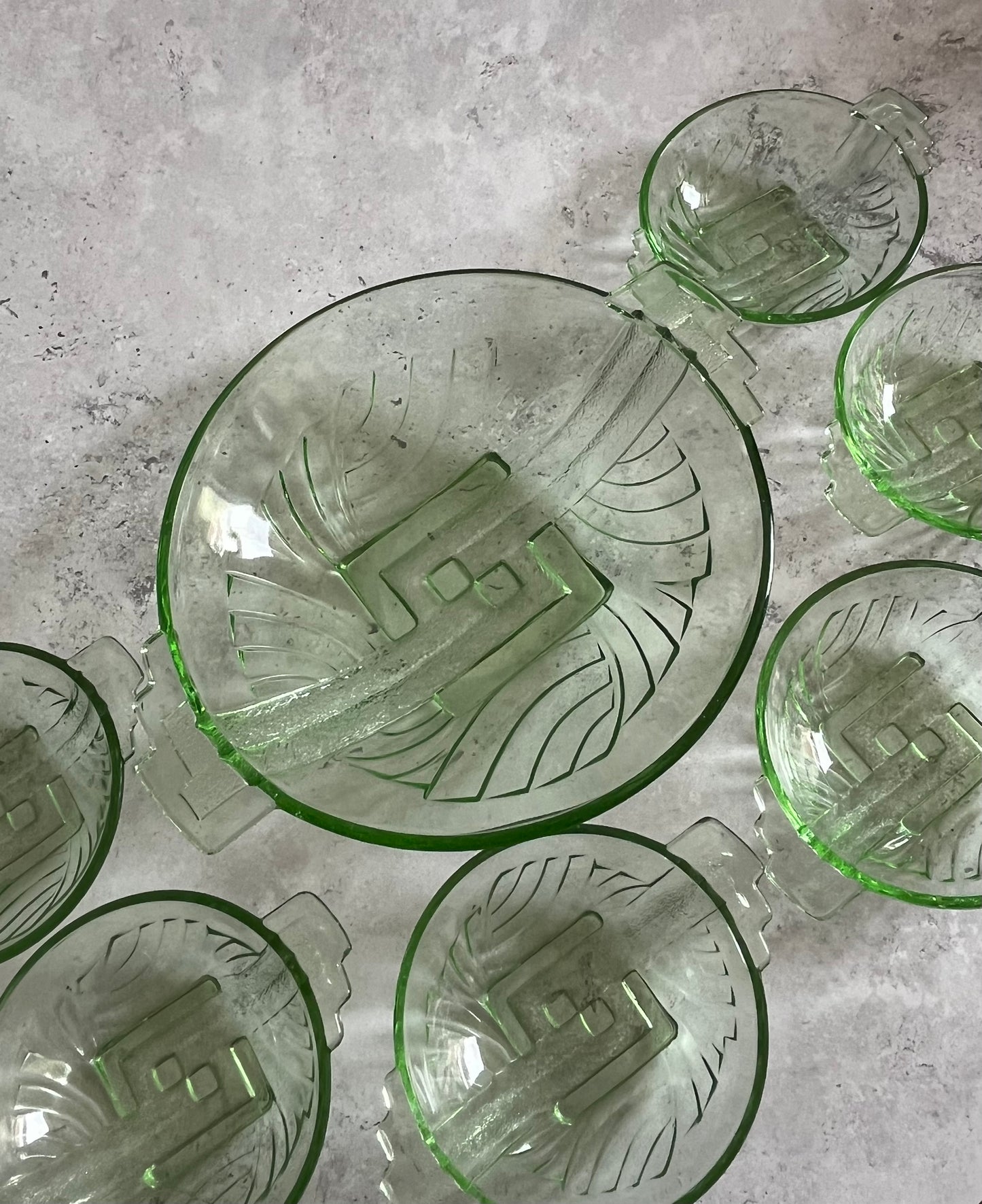 Vintage Art Deco Stolle Niemen Green Art Deco Set Of 7 Bowls 1930's Glass