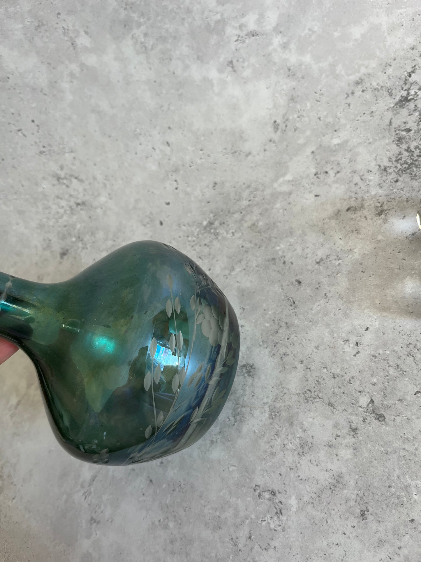 Vintage Hand Blown Iridescent Teal Green Etched Decanter With Faceted Stopper