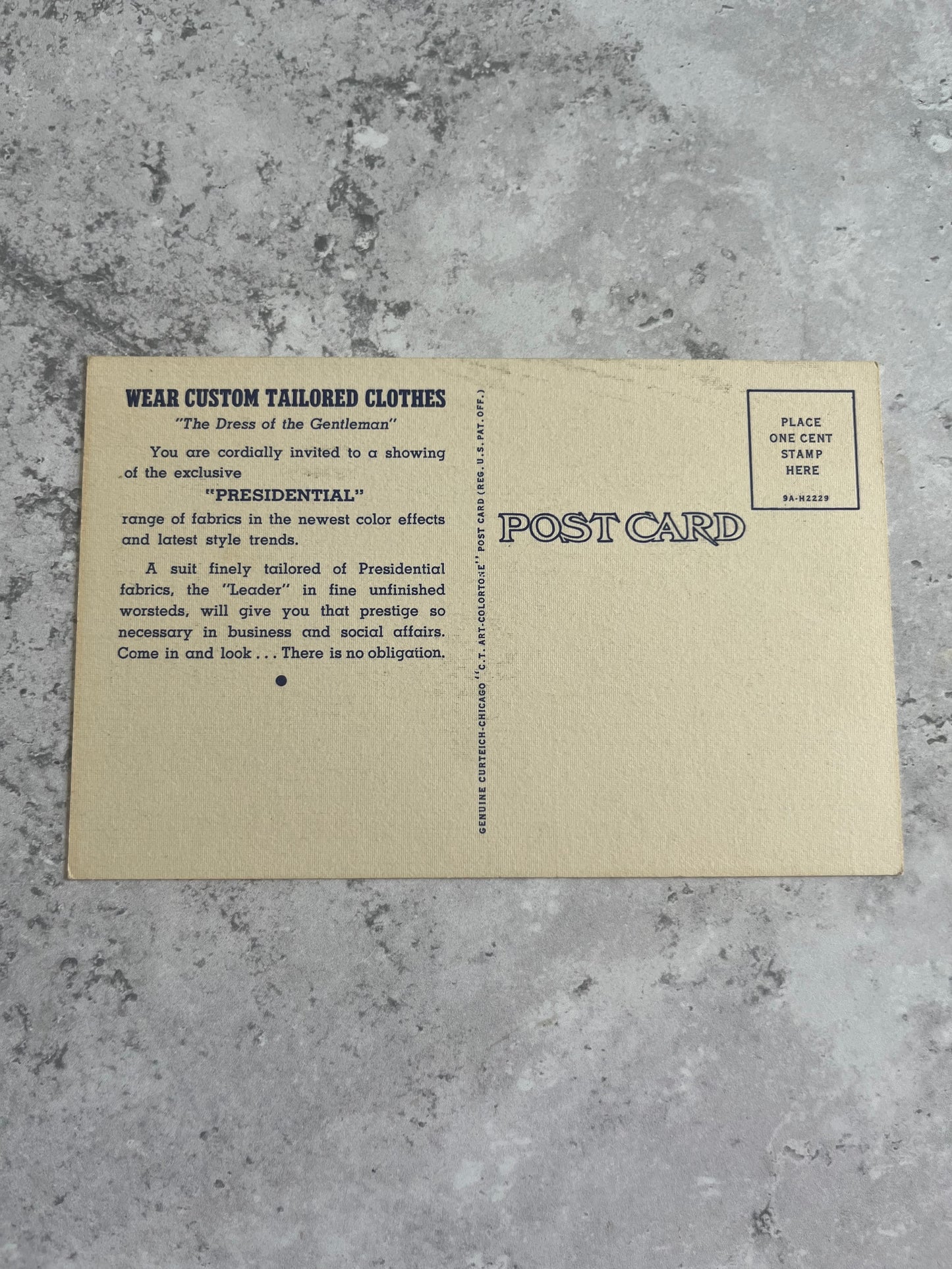 Vintage 1940’s Presidential Unfinished Worsted Suitings Advertising Americana Blank Postcard