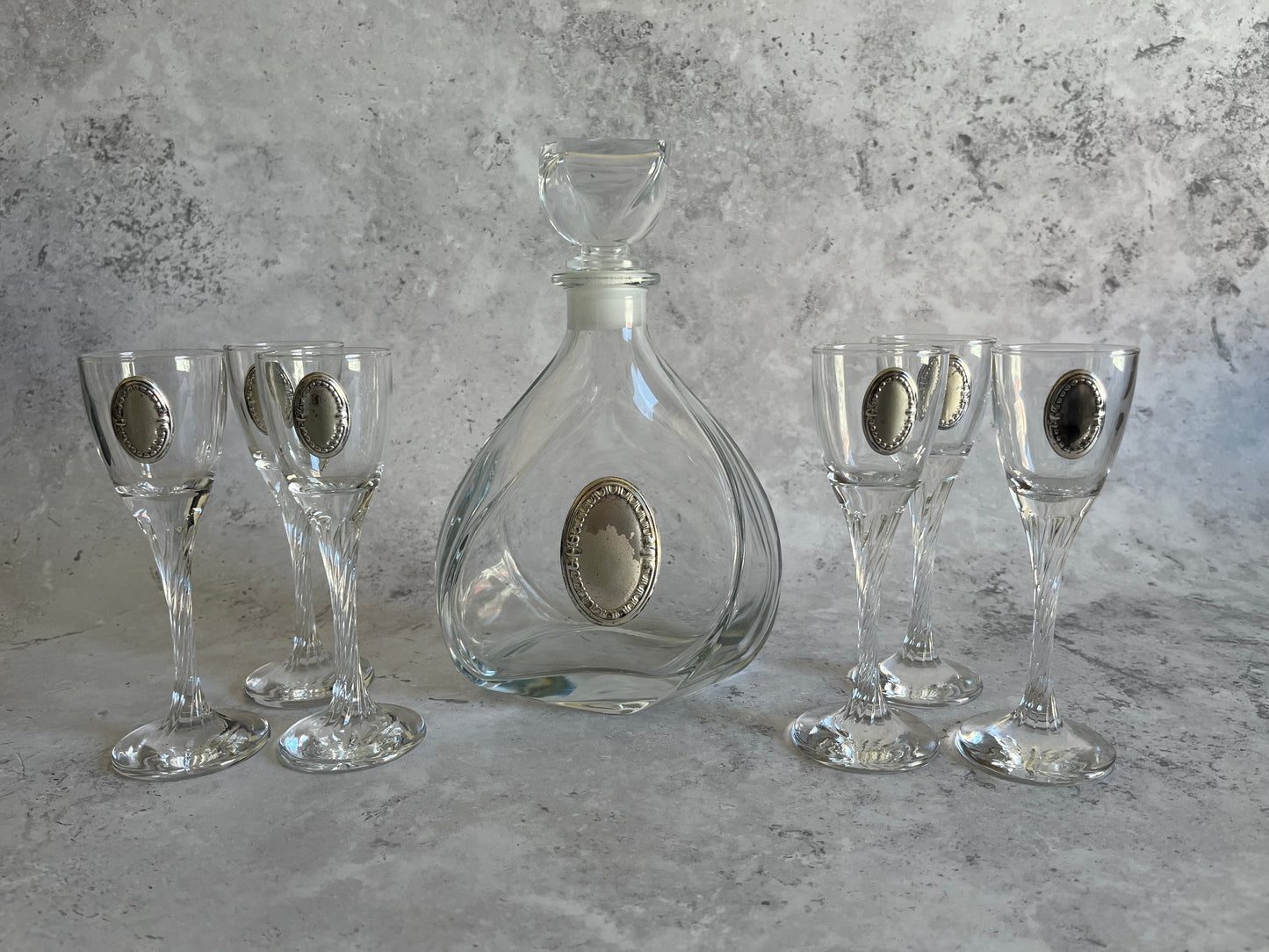 French Twisted Clear Glass Decanter Vintage Set With Six Twisted Stem Glasses Each With Silver Plated Detail