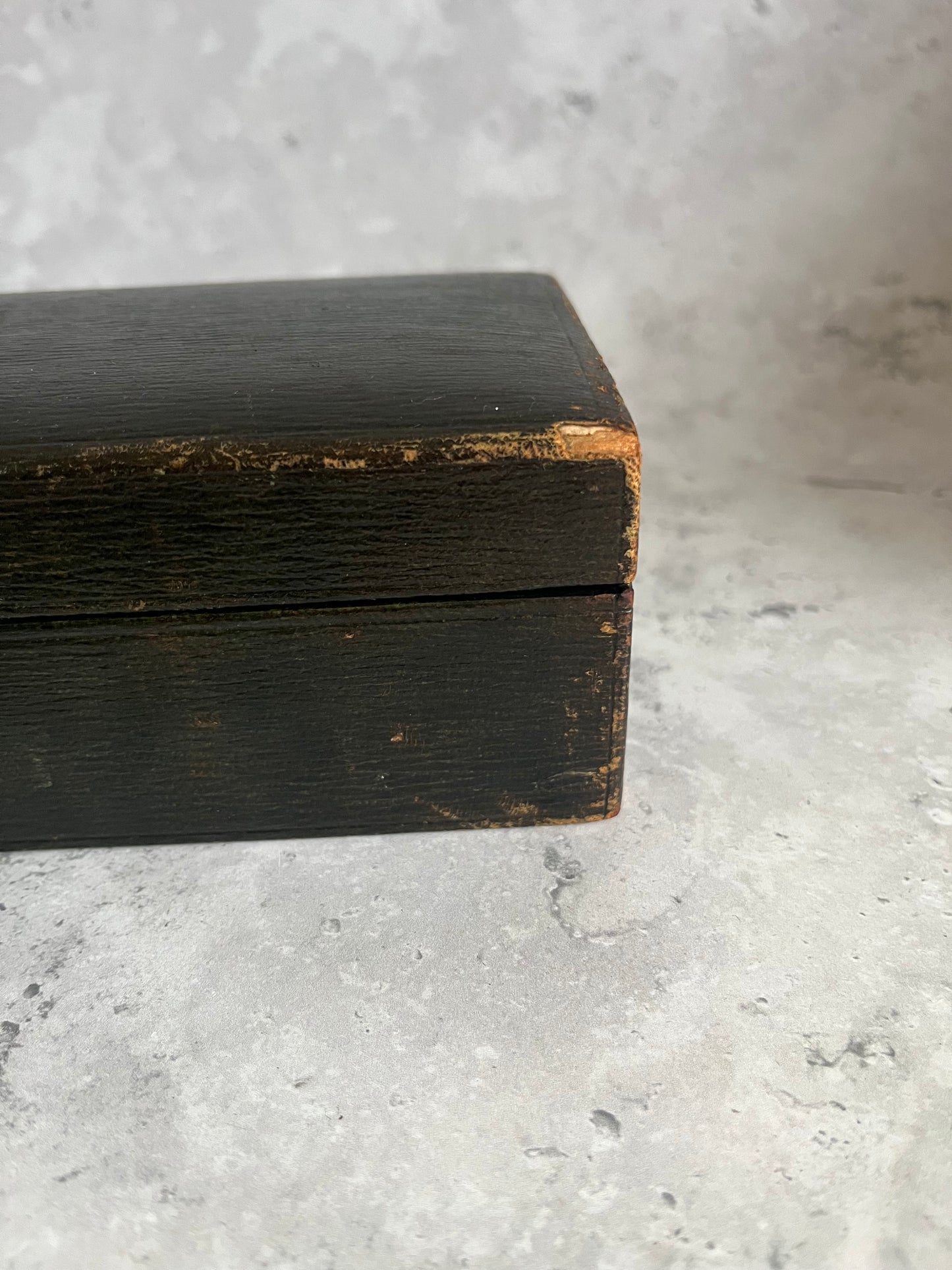 Antique 19C Black Leather Glove Storage Box Green Satin Lining Gold Lettering