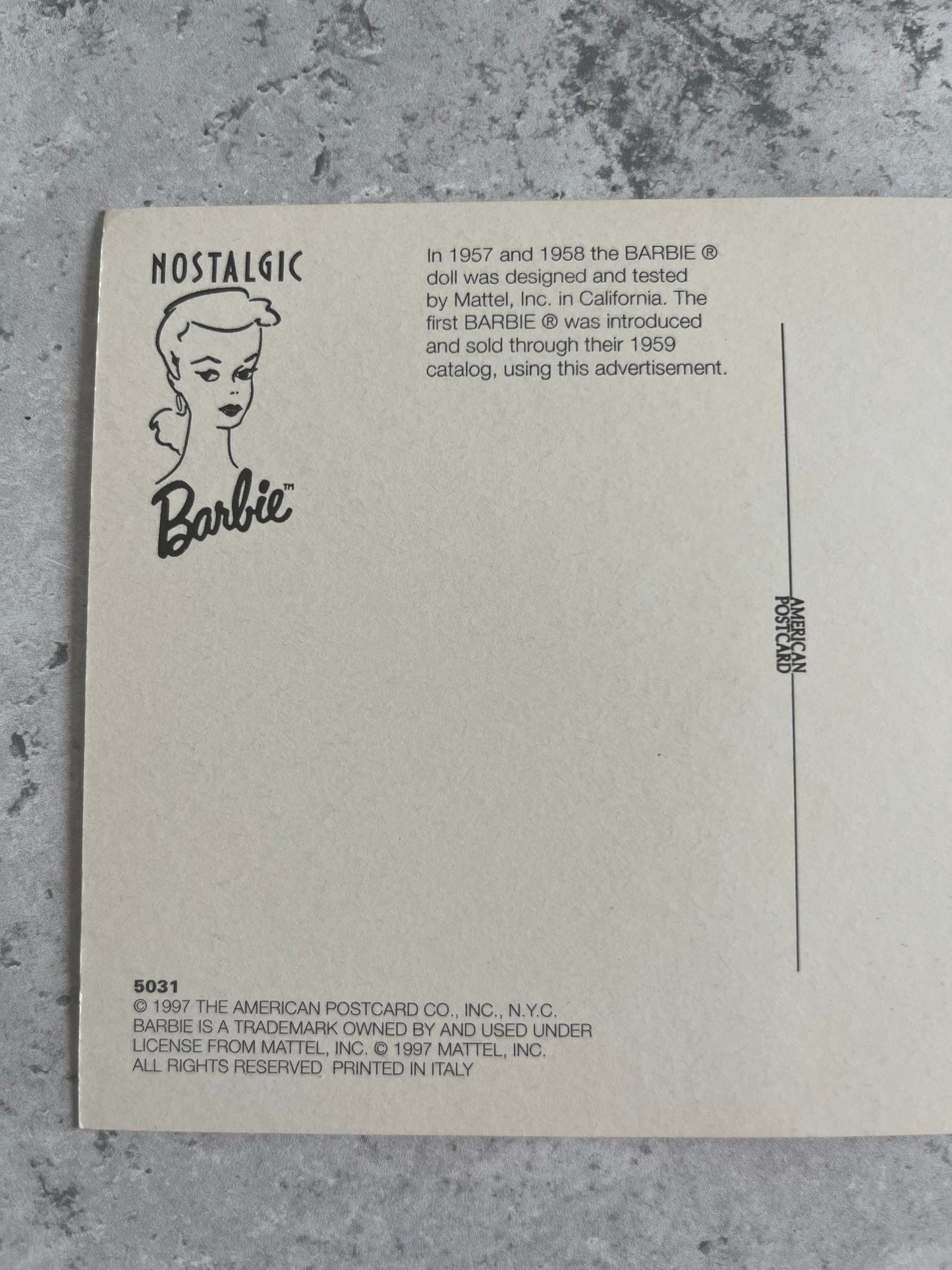 Vintage 1997 Nostalgic Barbie 1959 Catalogue Advertisement Blank Postcard