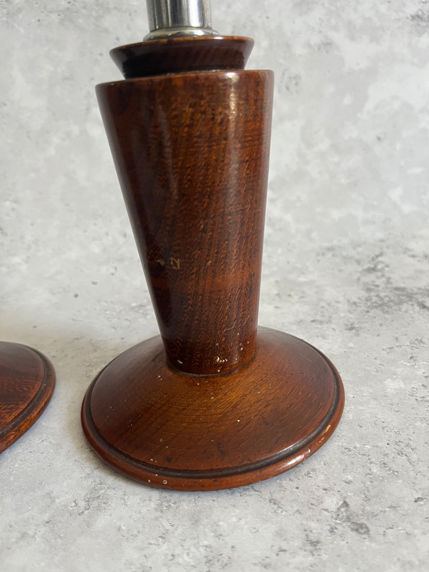Antique Turned Wooden Silver Coloured Metal Candlesticks Art Deco Candle Holders