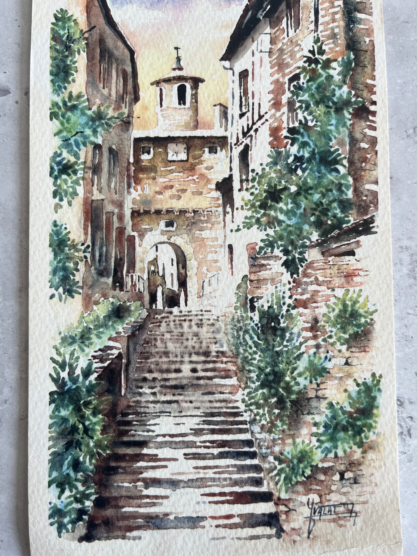 Vintage Aquarelle City Scape Art Print Of Clock Tower By Jean-Marc Valat 12x22cm