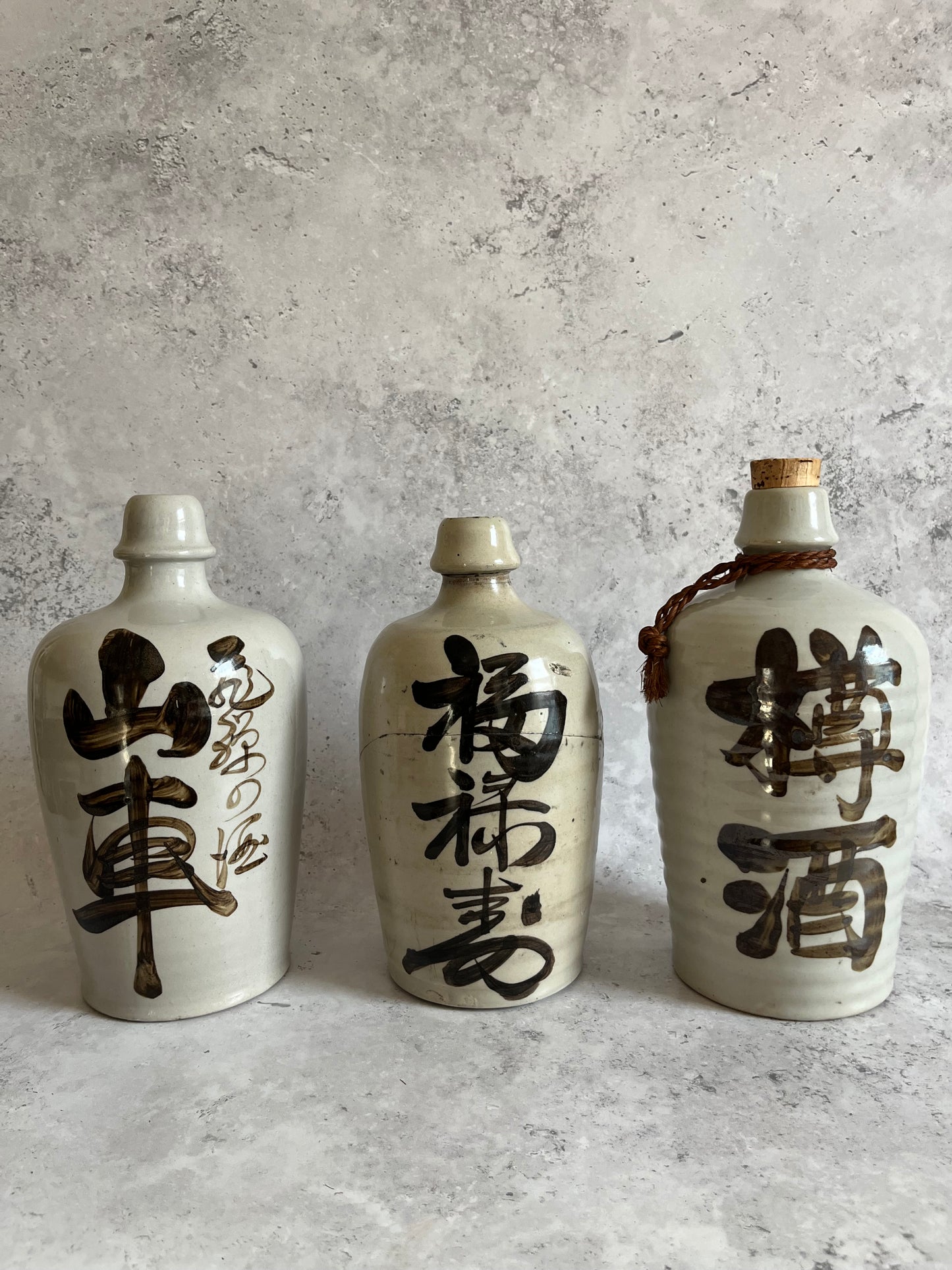 Antique 20C Stoneware Tokkuri Sake Bottle Hand Painted Kanji Script Dashi
