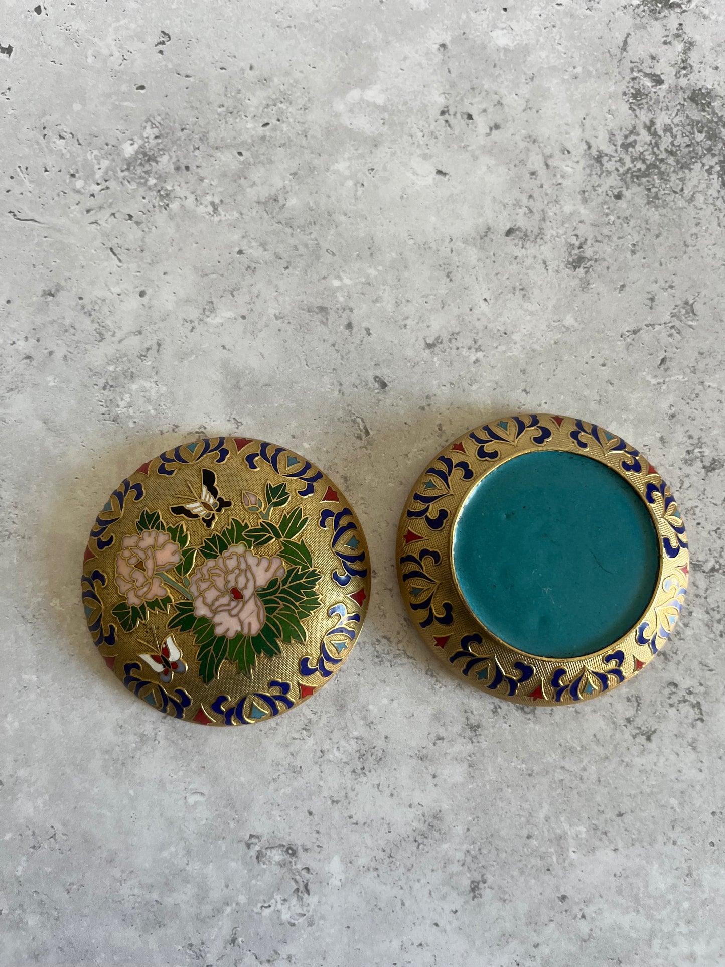 Floral Patterned Cloisonné Enamel Gold Tone Lidded Trinket Dish Vintage Asian Jewellery Dish