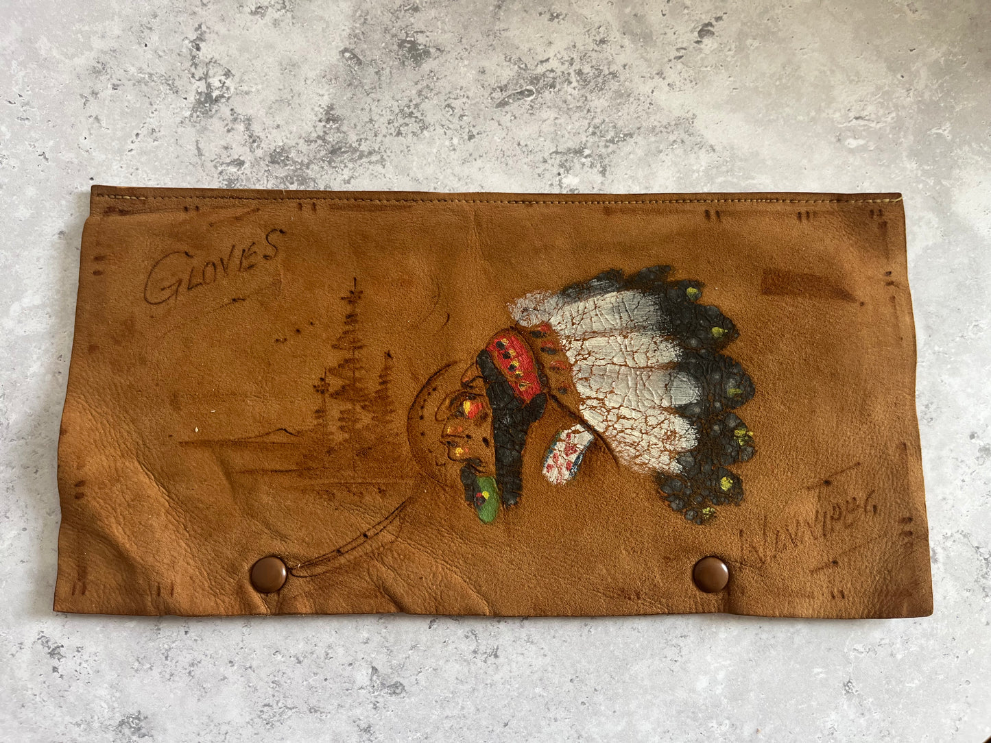 Vintage Hand Painted Native American Design Leather Glove Case