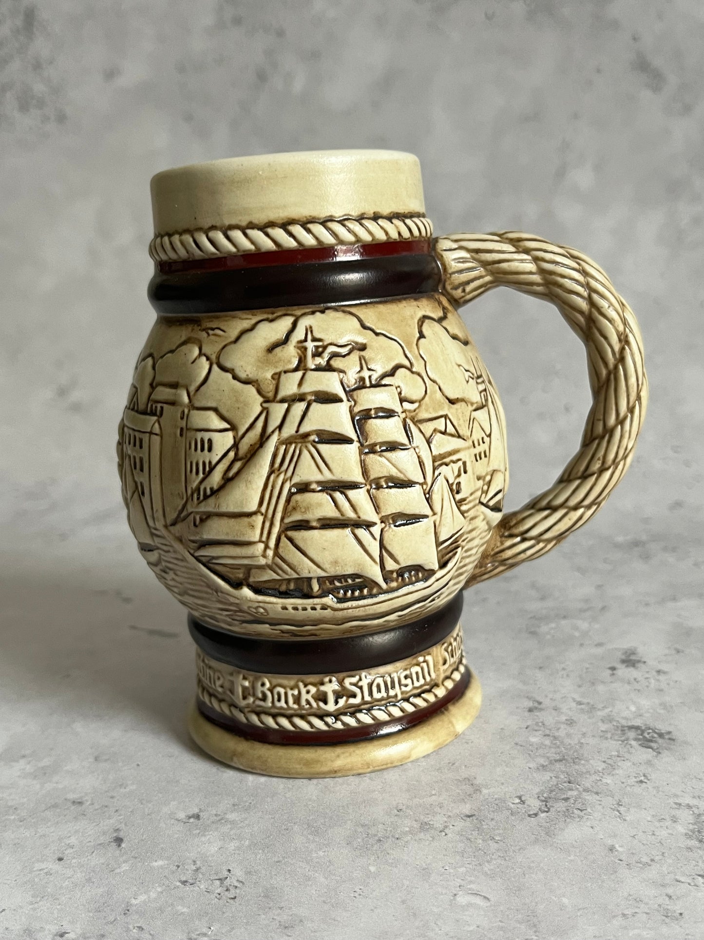 Avon Brazilian Handcrafted Stein Nautical Theme Rope Styled Handle 1982 Small Tankard