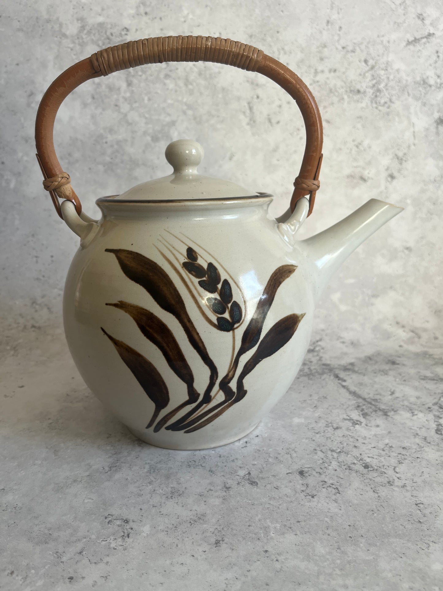 Vintage Asian Style Large Hand Painted Teapot Bamboo Handle