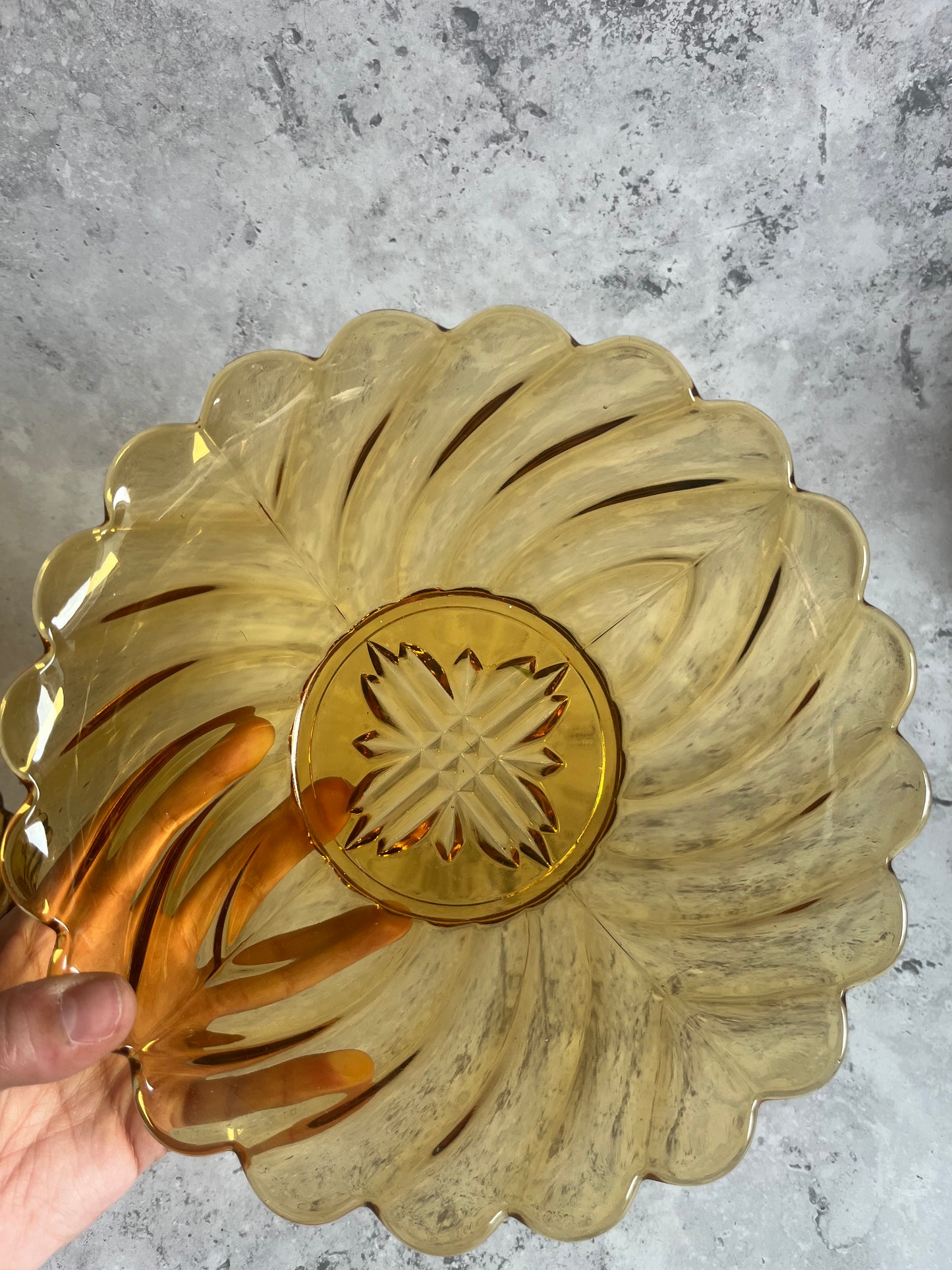 Vintage 1950’s Amber Glass Serving Bowl Set Of 6 Swirl Design