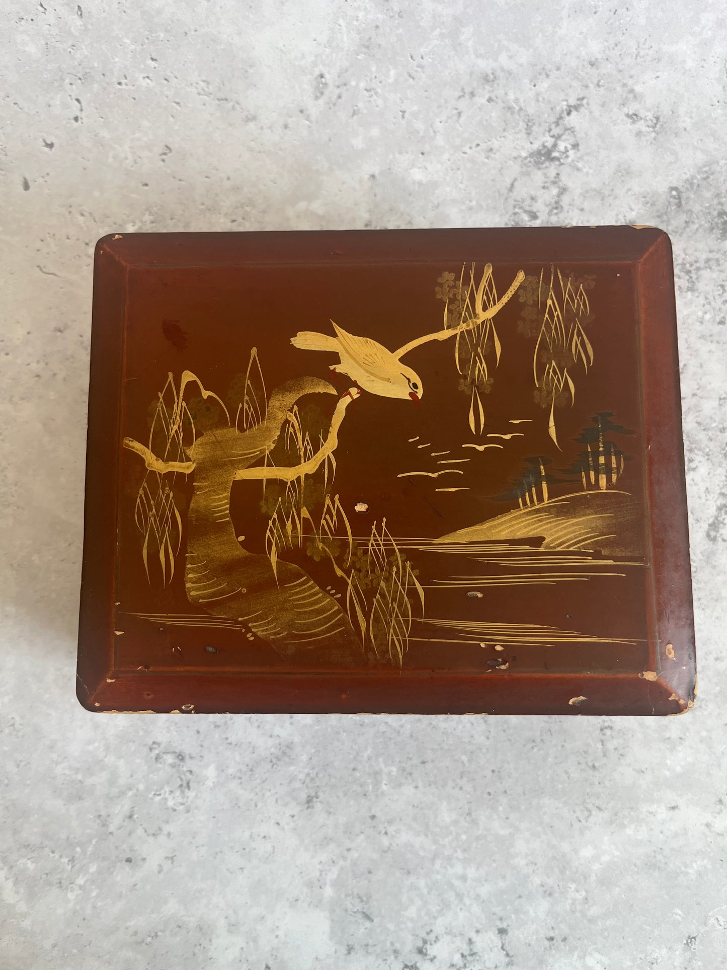 Antique Japanese Red Lacquer Storage Box Landscape Bird Scene