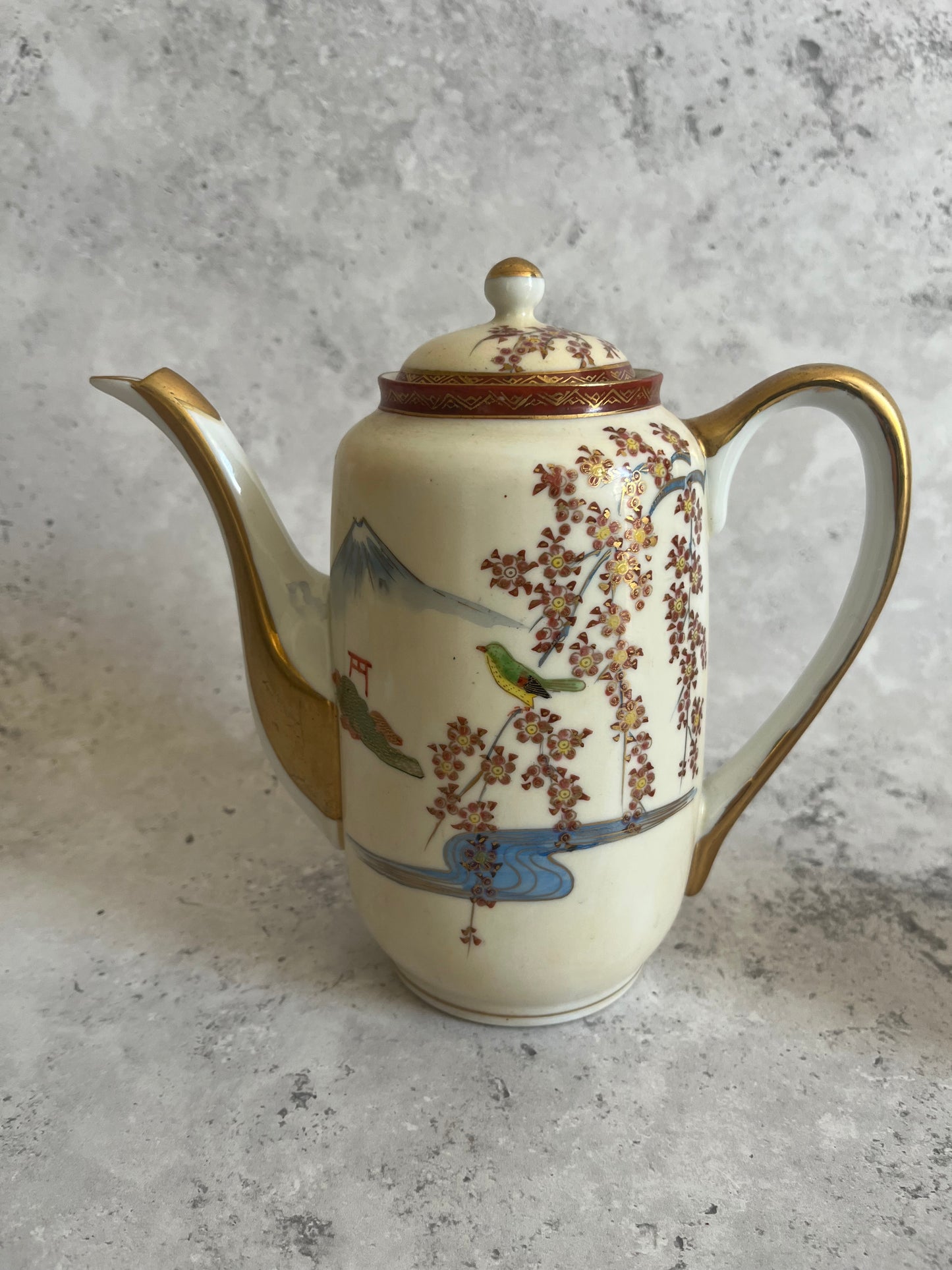 Vintage Japanese Kutani Coffee Pot & Creamer Cherry Blossom Scene Teapot