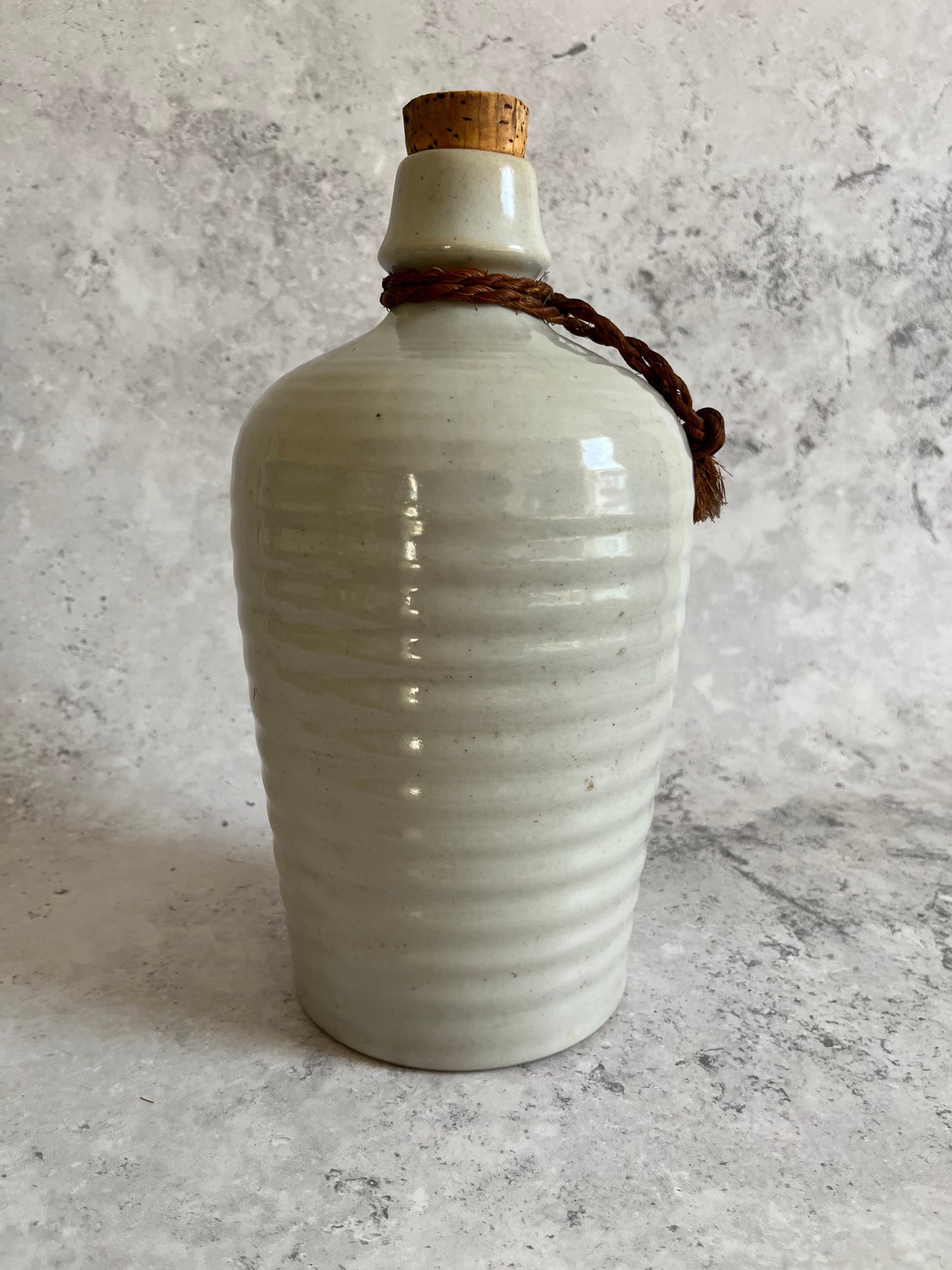 Antique 20C Stoneware Tokkuri Sake Bottle Hand Painted Kanji Script Barrel Sake