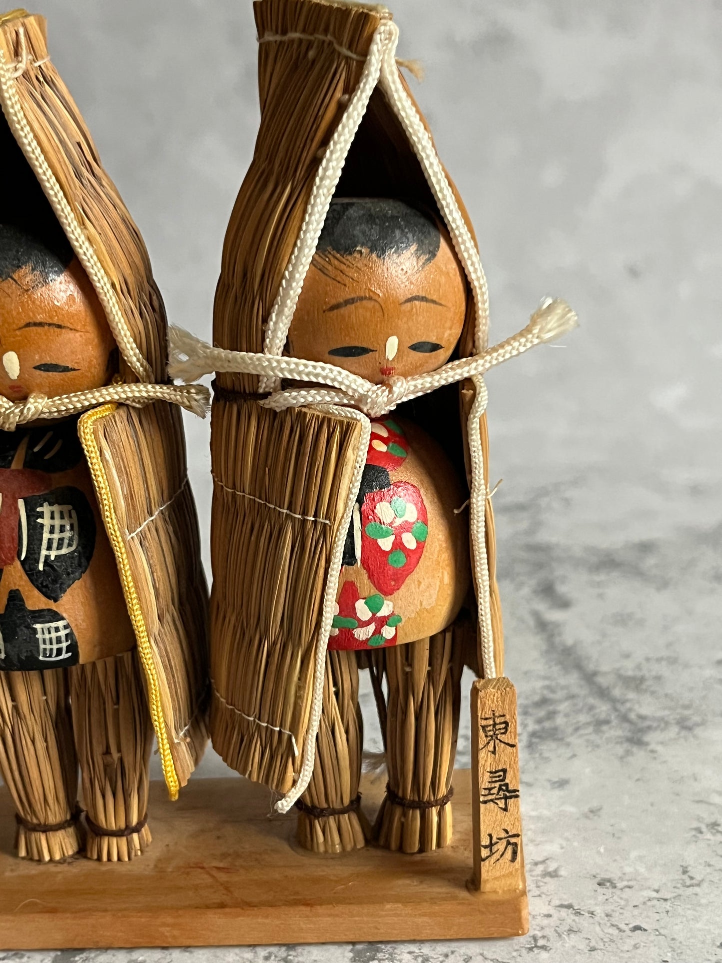 Vintage Yukinko Snow Child Kokeshi Doll Pair With Straw Minomushi Japanese Ornament
